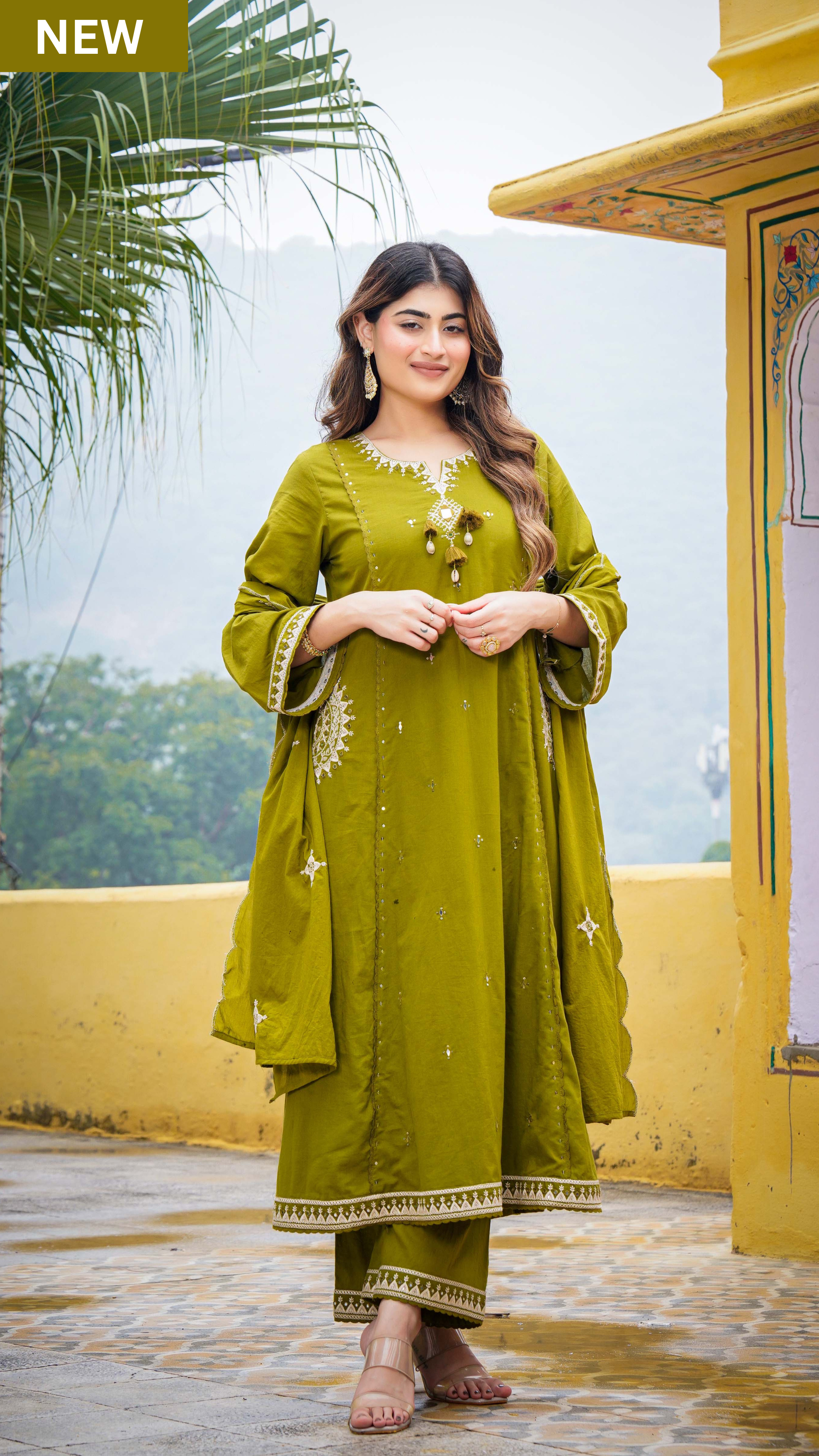 Olive Bloom Flared Mul Cotton Suit Set