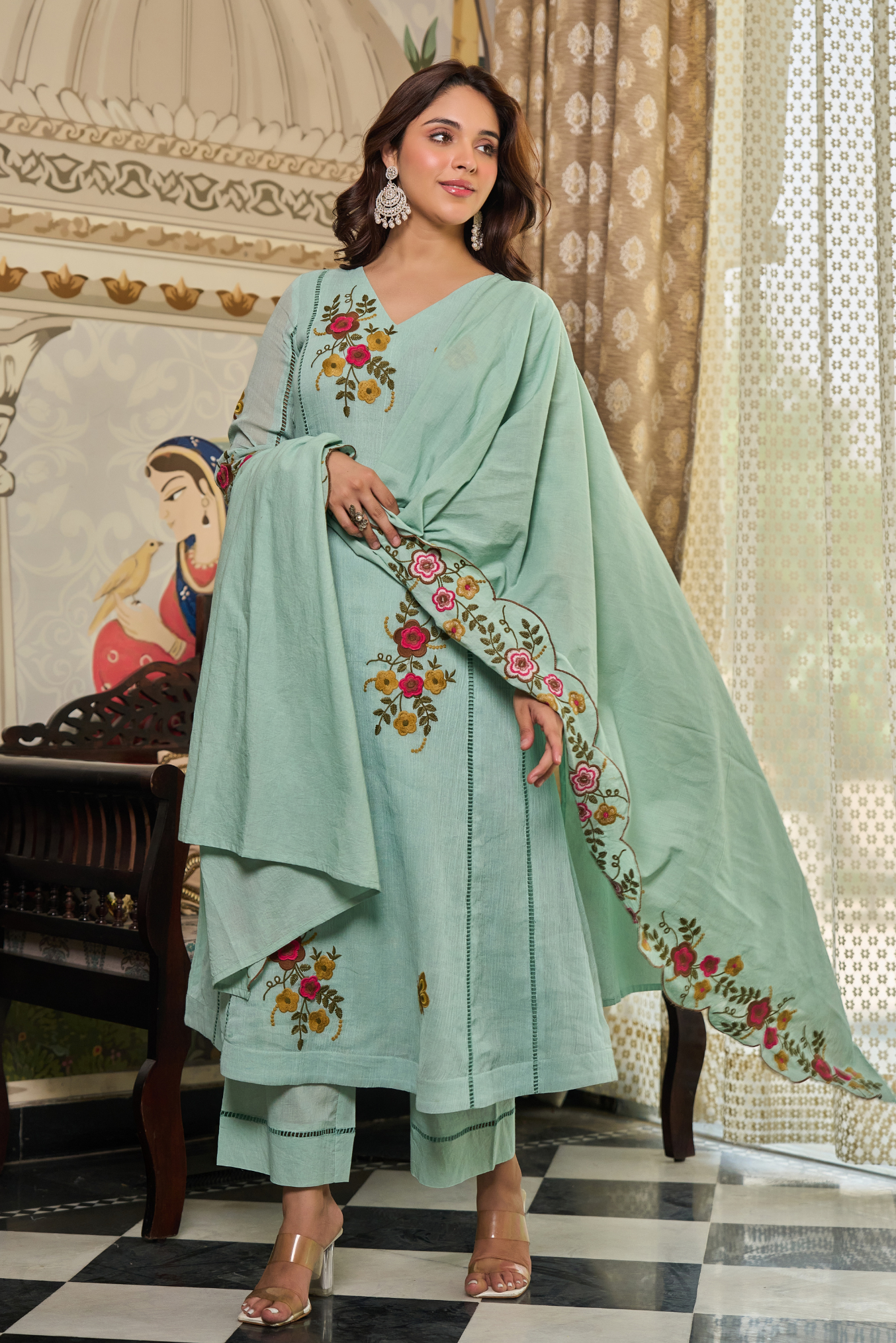 Mint Flora Embroidered Suit Set