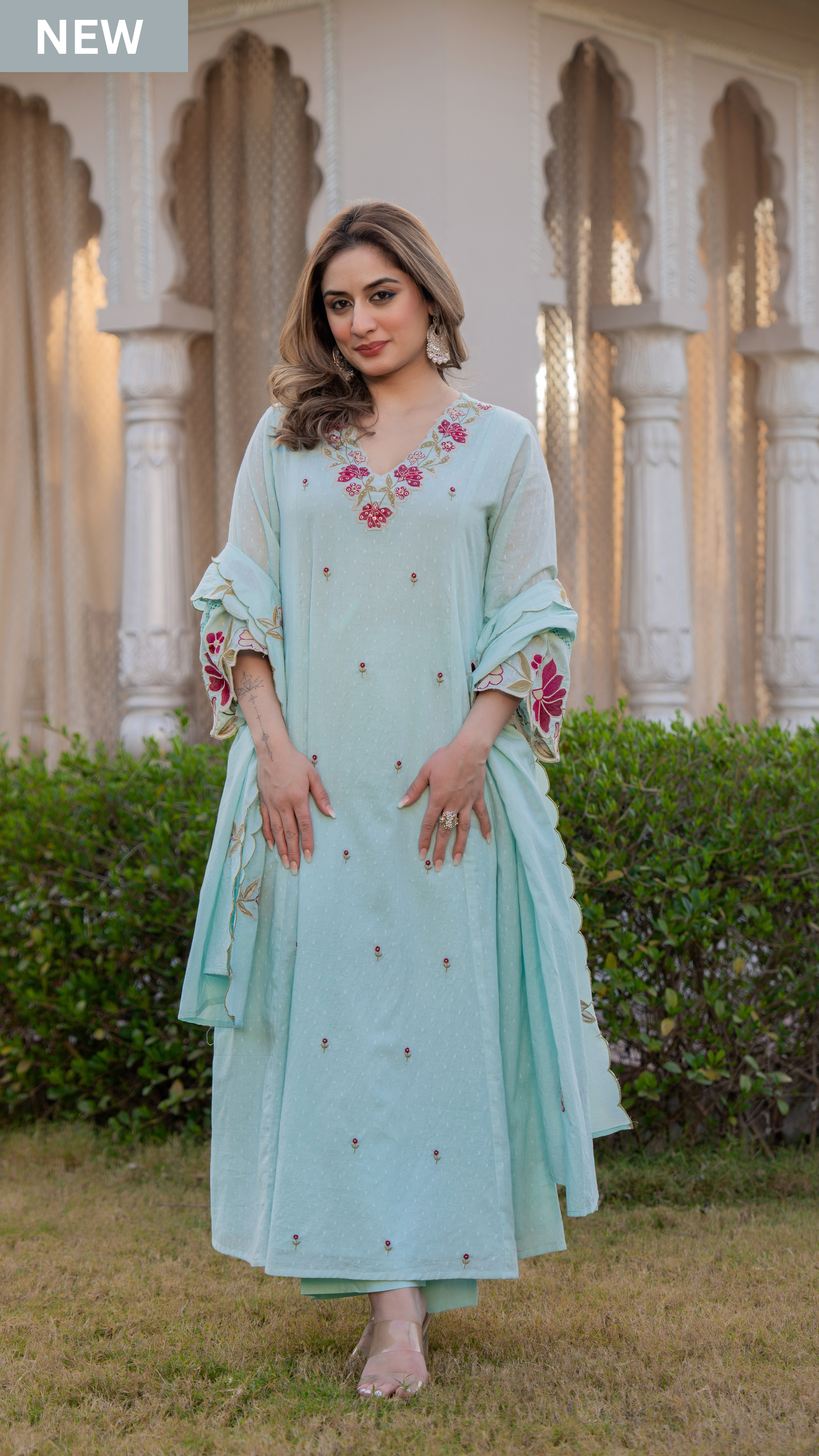 Azure Bloom Cotton Dobby Suit Set