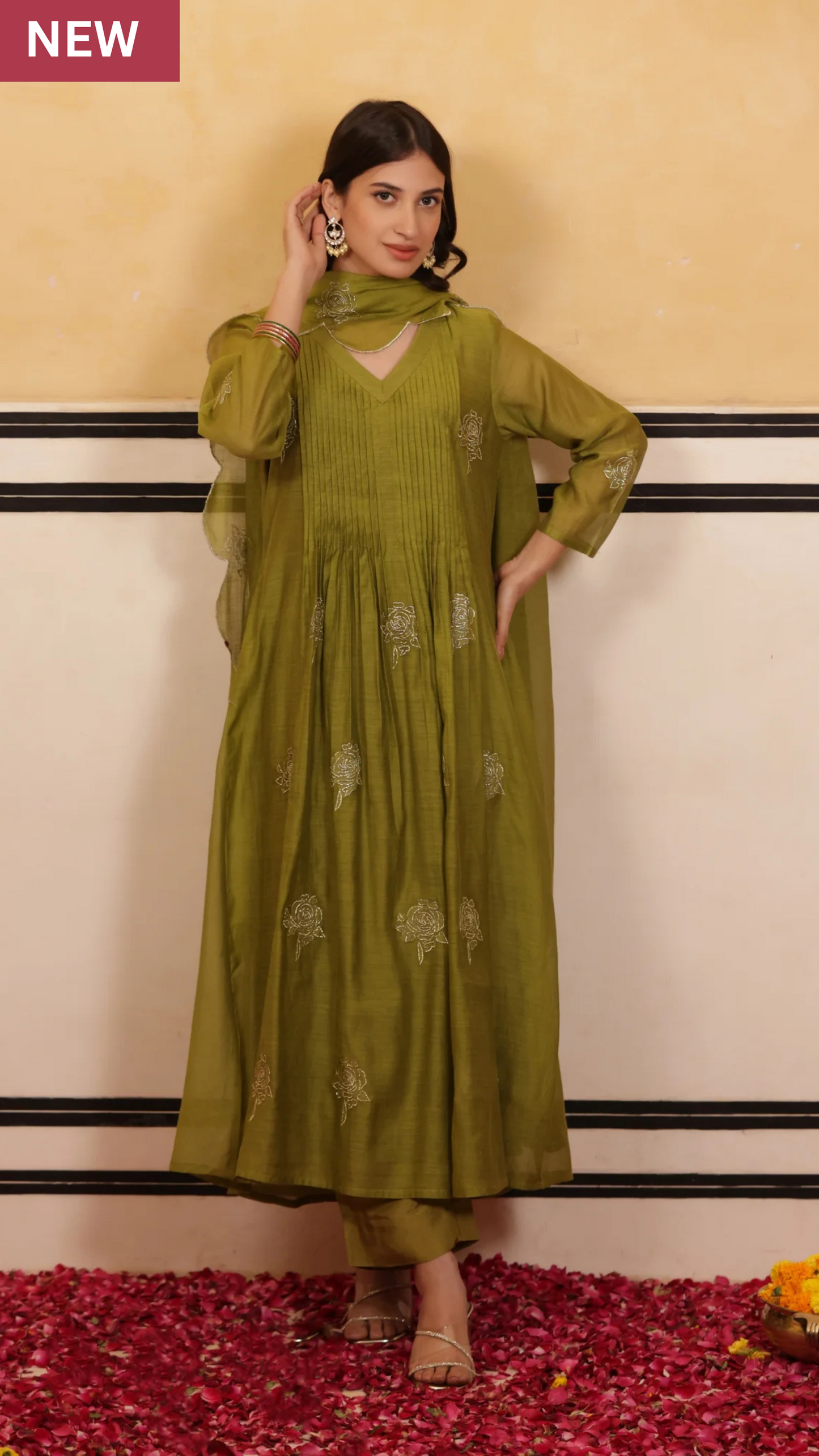 Lush Olive Chanderi Suit Set