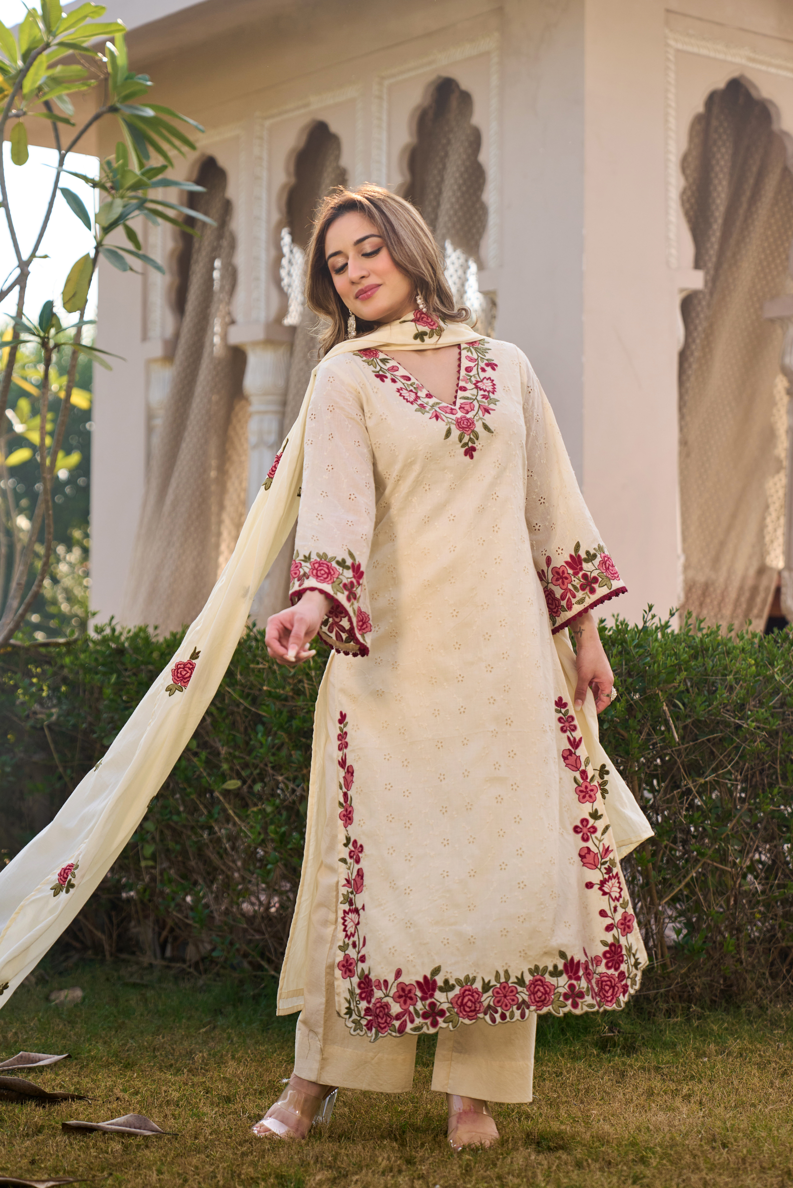 Ivory Blossom Cotton Chiffli Suit Set