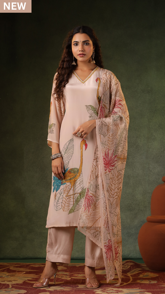 Salmon Pink Printed Suit Set