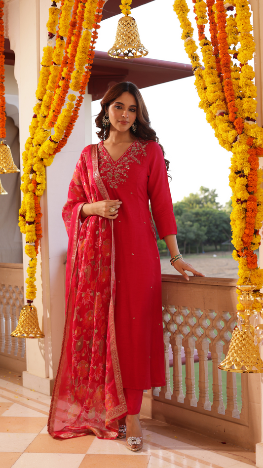 Crimson Red Silk Suit Set