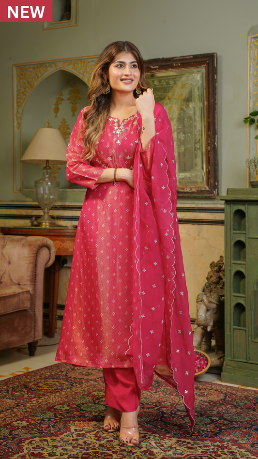 Rose Red Shimmer Bandhej Suit Set