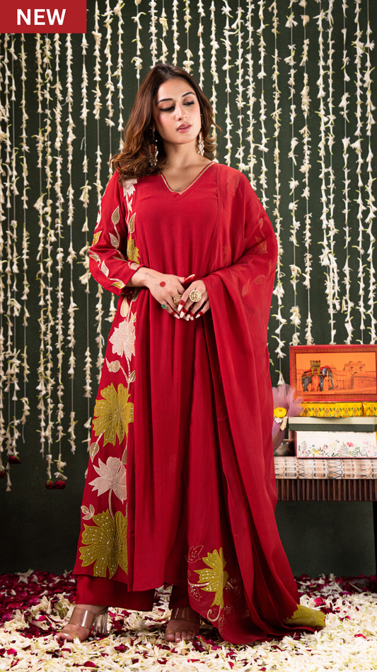 Ruby Radiance Crush Chanderi Suit Set