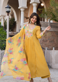 Mustard Yellow Crush Embroidered Suit Set