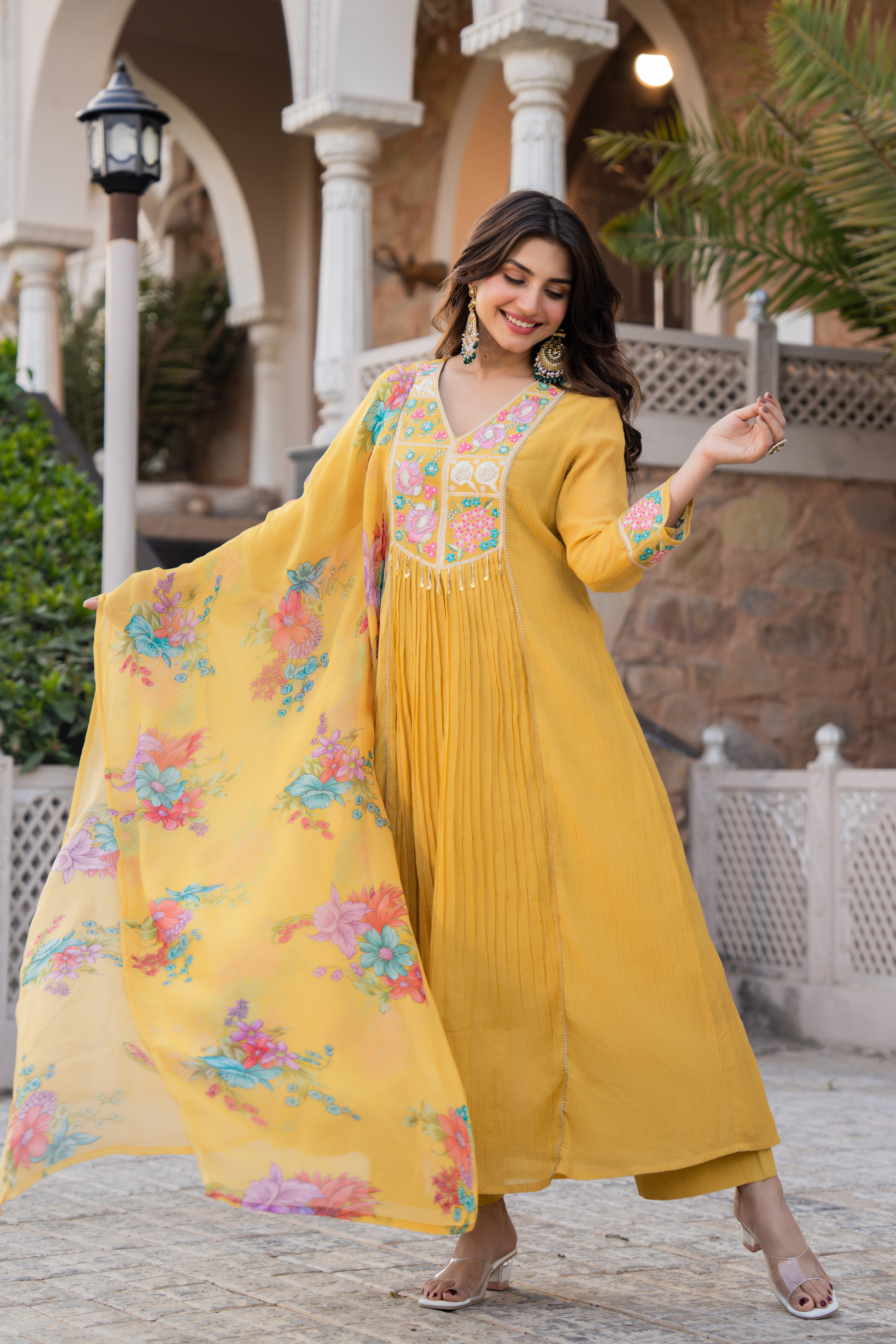 Mustard Yellow Crush Embroidered Suit Set