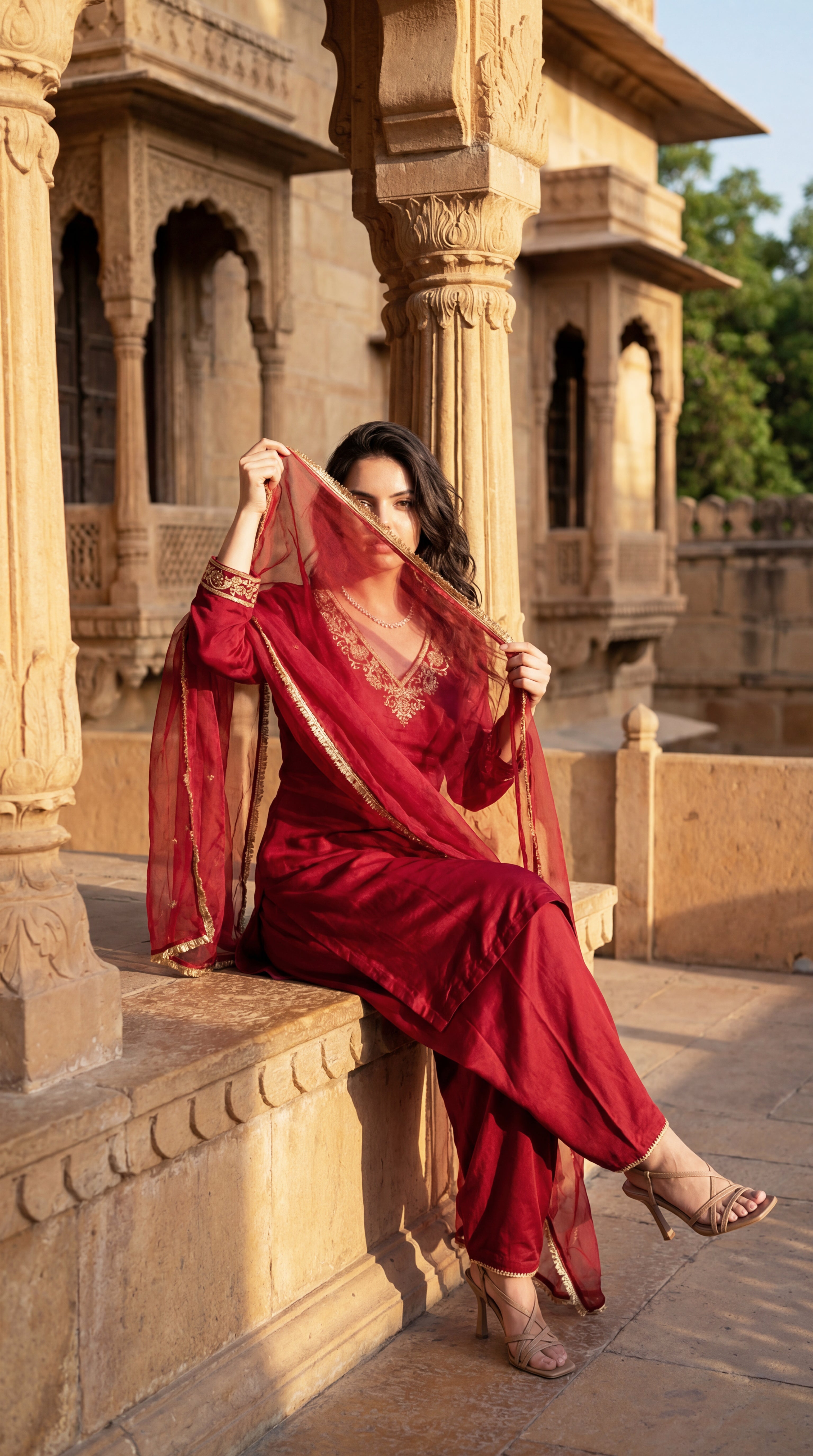 Deep Wine Chanderi Suit Set