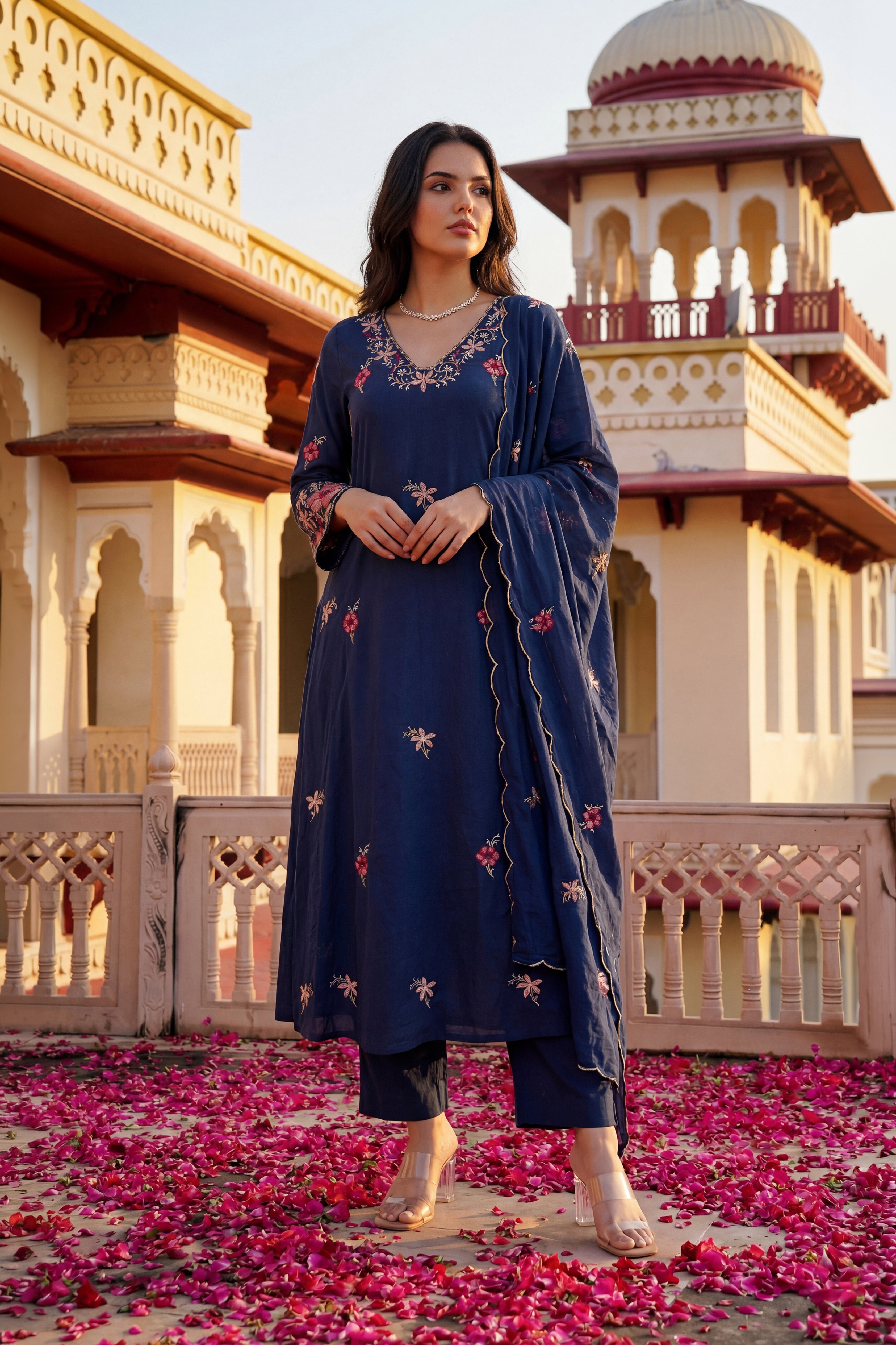 Navy Petal Grace Cotton Suit Set