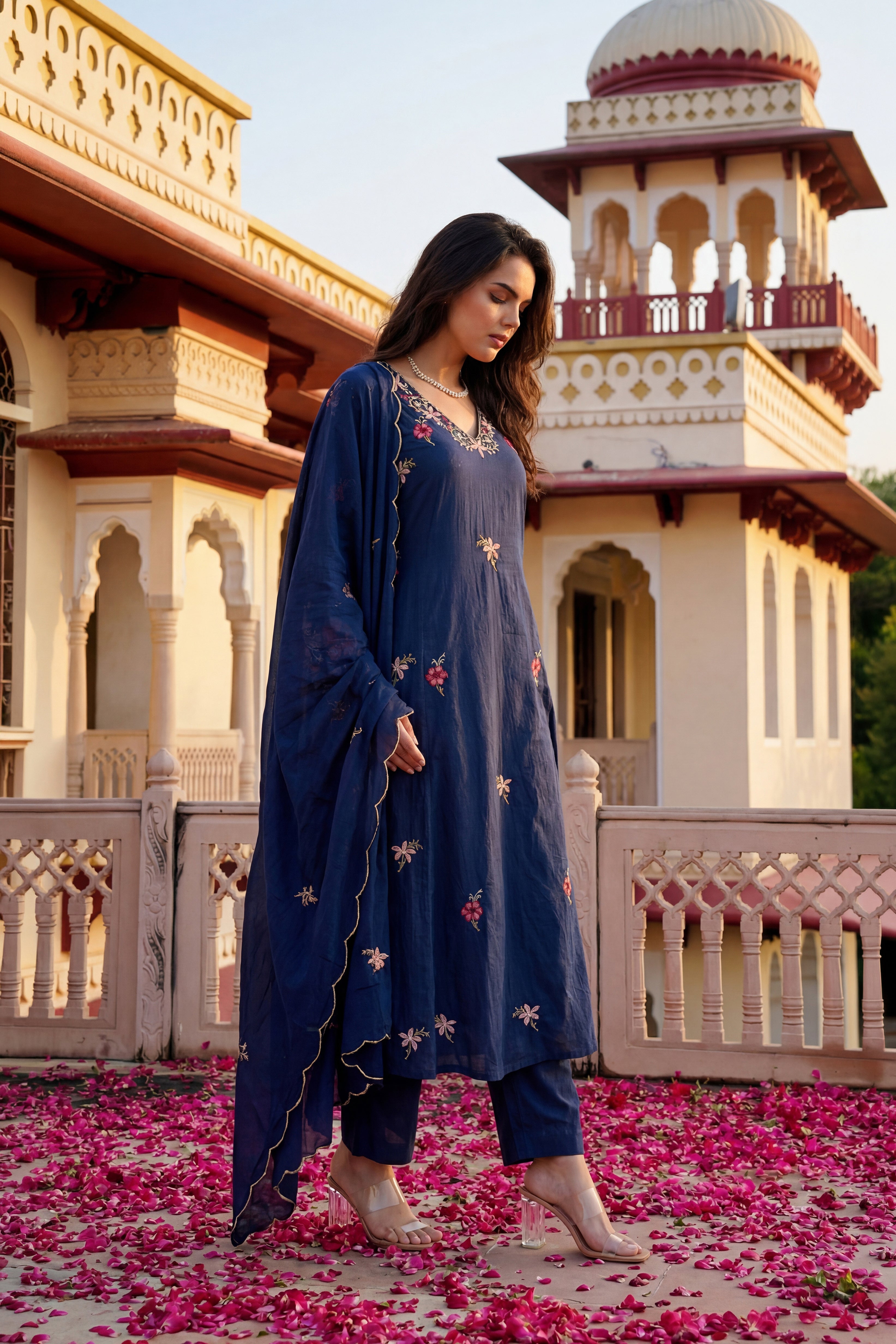 Navy Petal Grace Cotton Suit Set