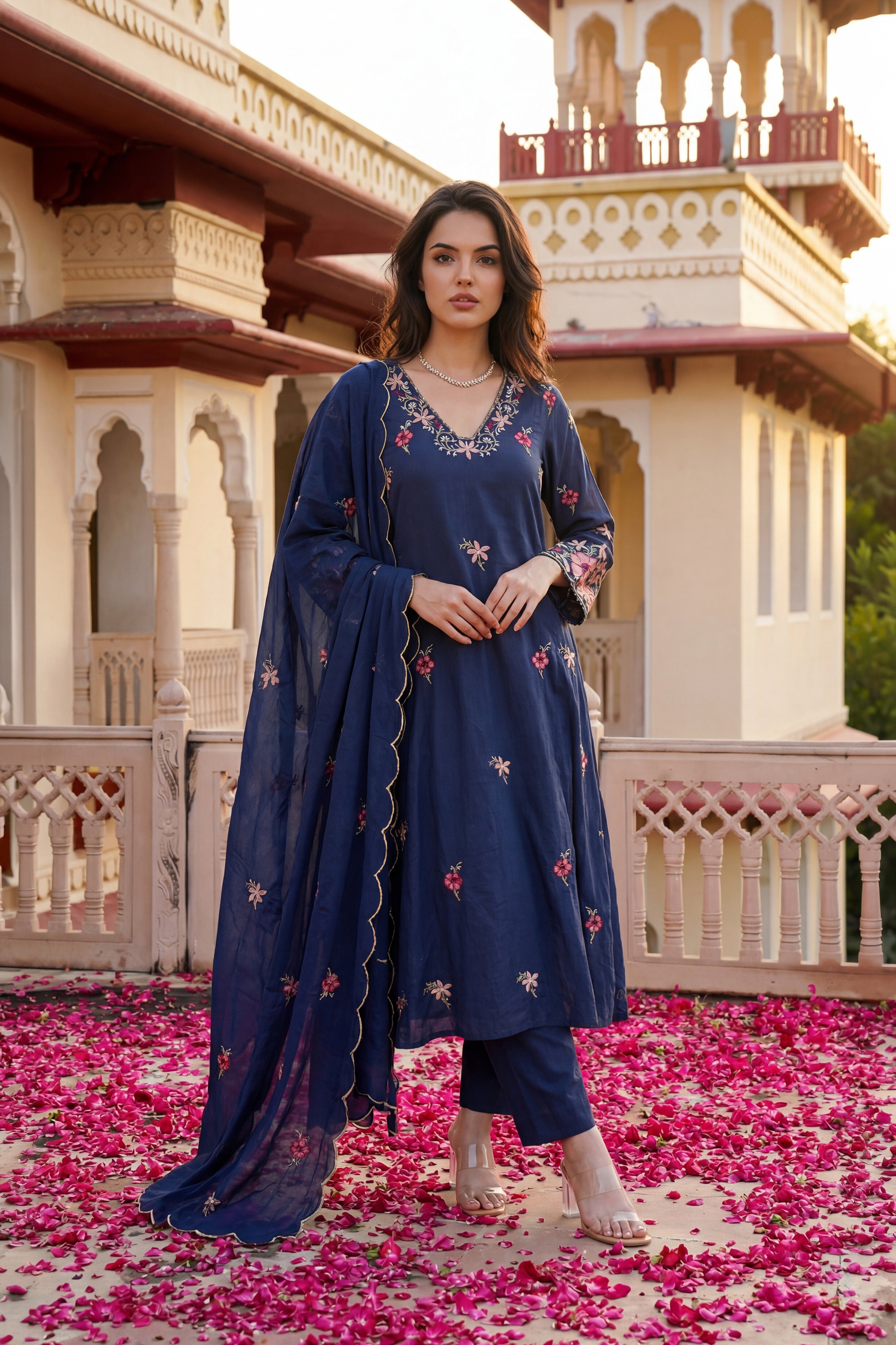 Navy Petal Grace Cotton Suit Set