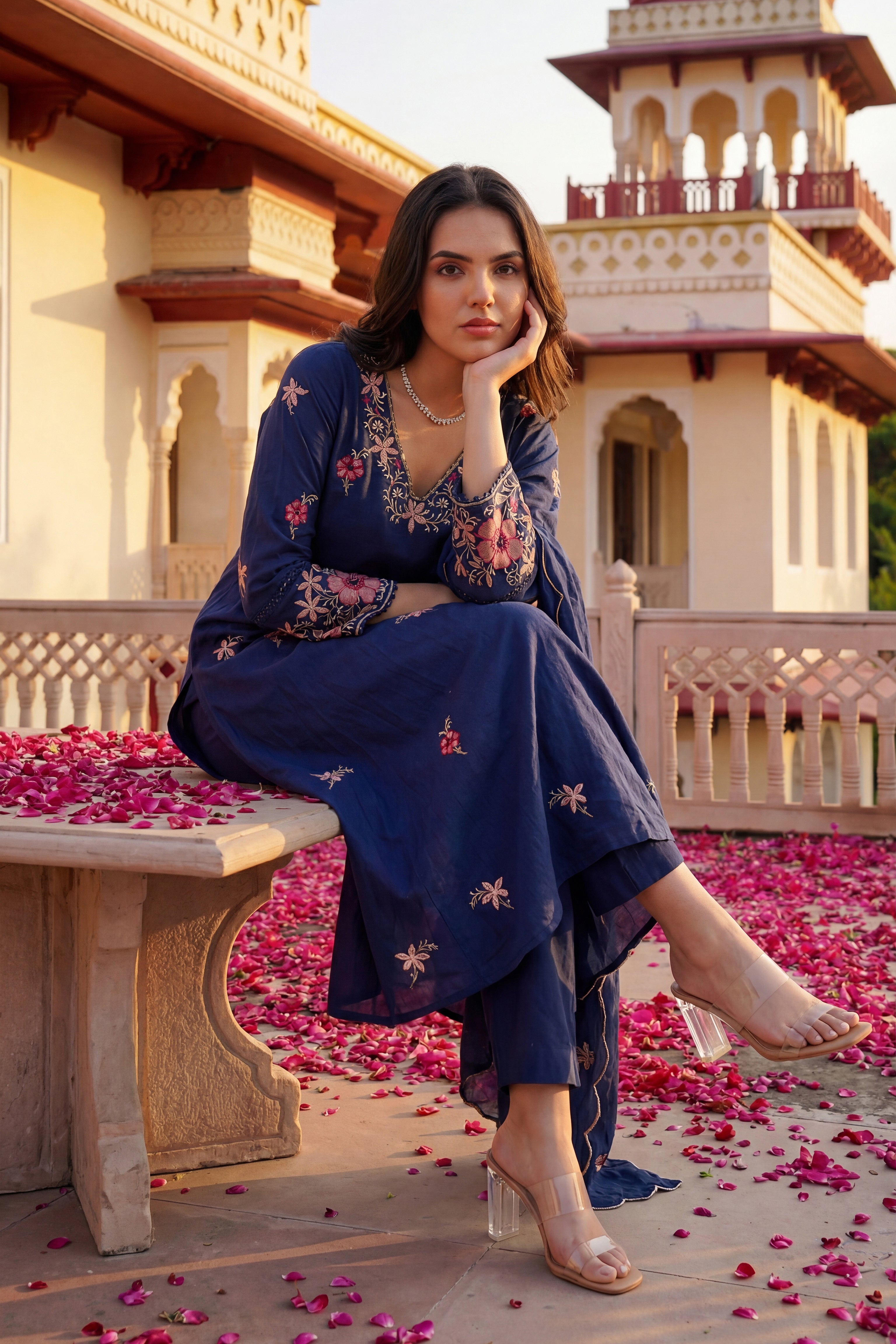 Navy Petal Grace Cotton Suit Set