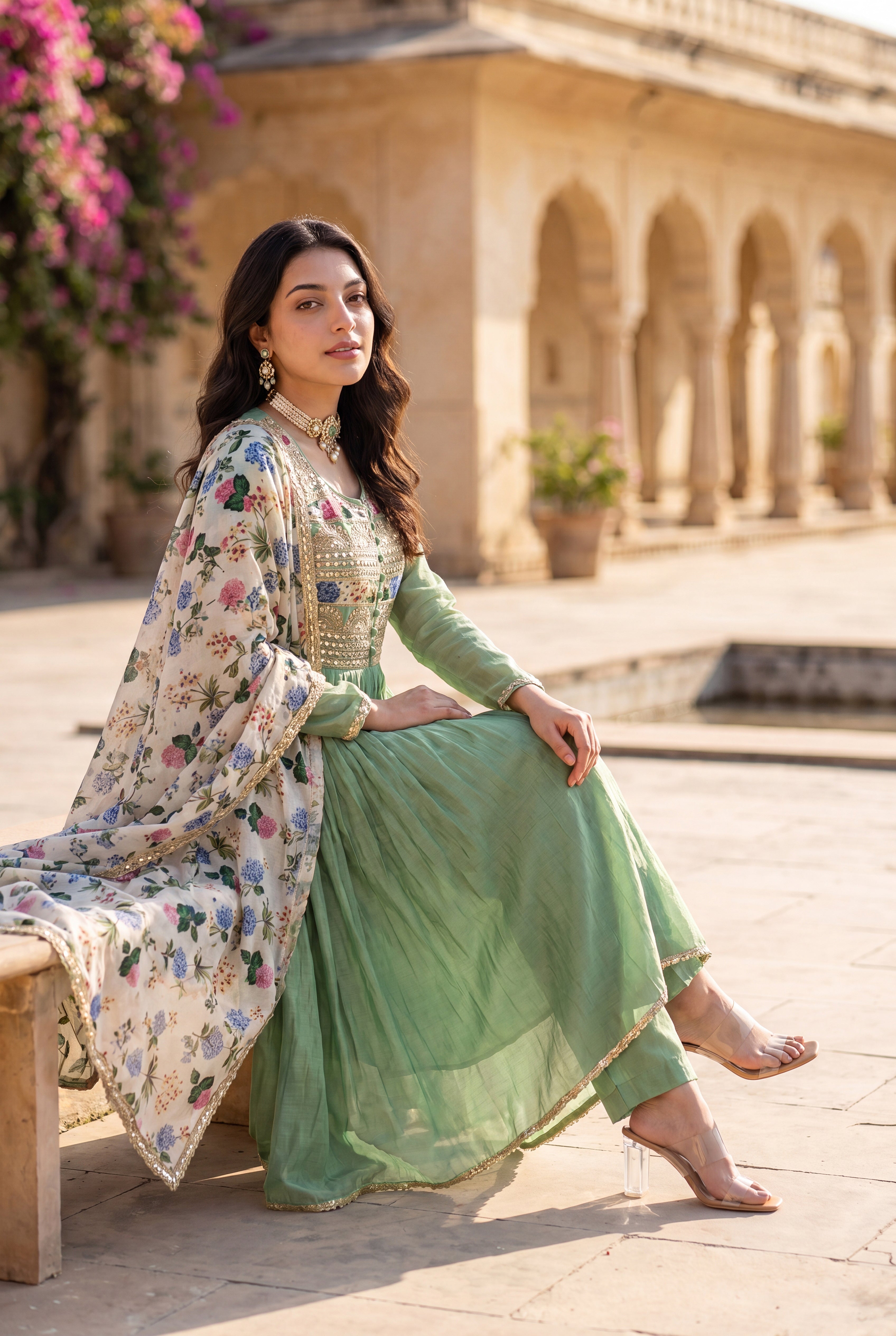 Pastel Green Chanderi Embroidered Suit Set