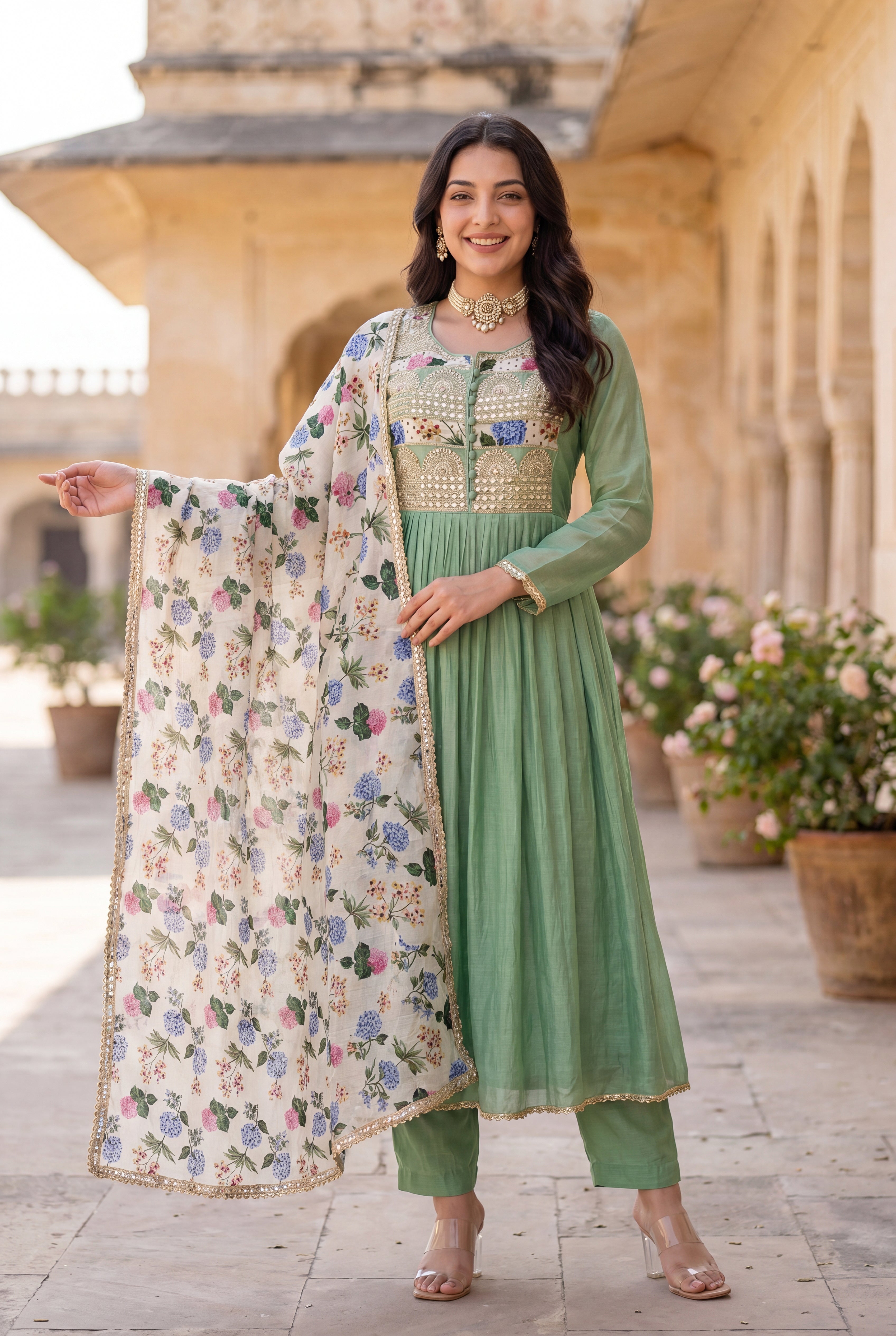 Pastel Green Chanderi Embroidered Suit Set