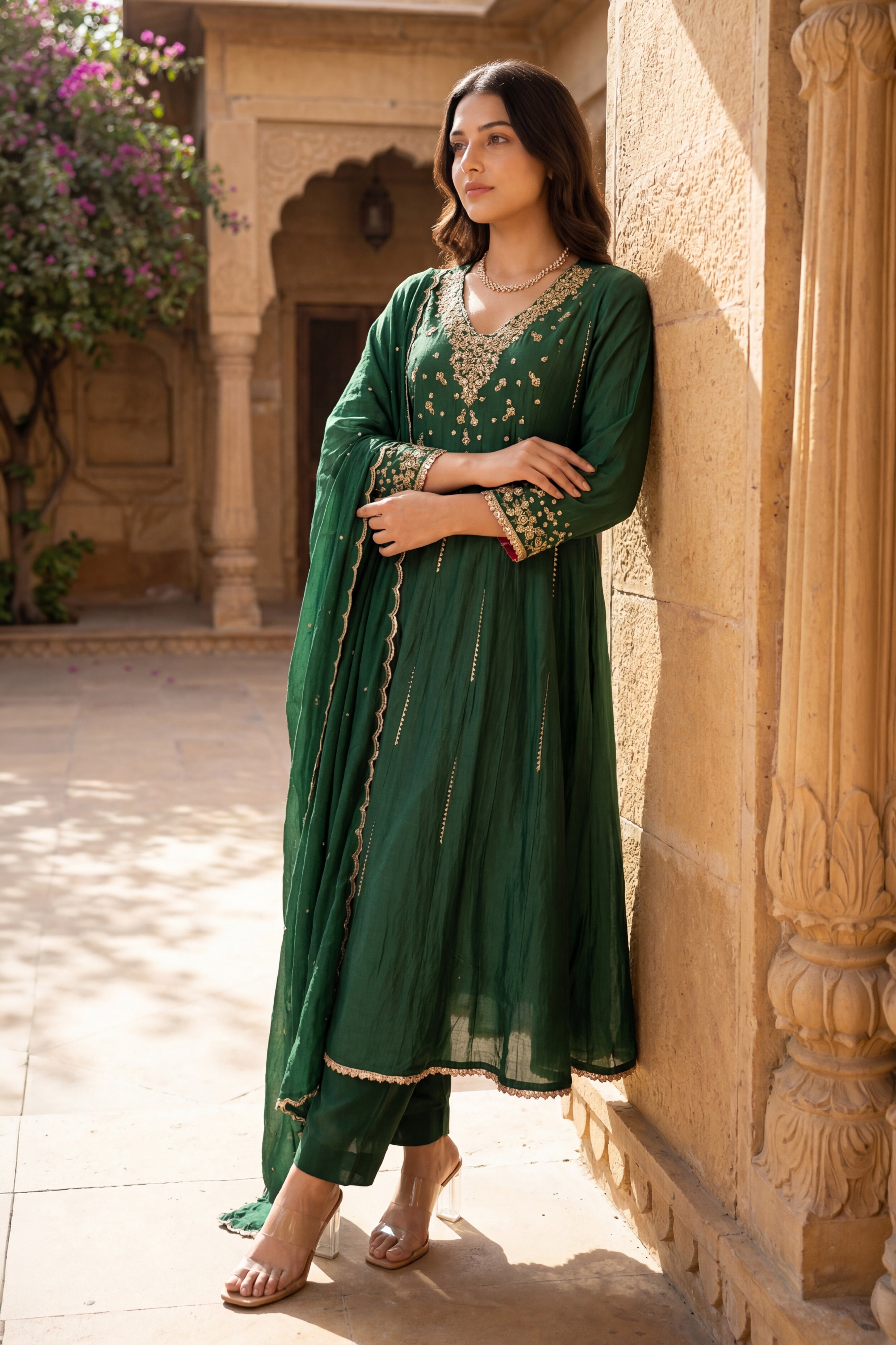 Forest Bloom Mul Chanderi Suit Set