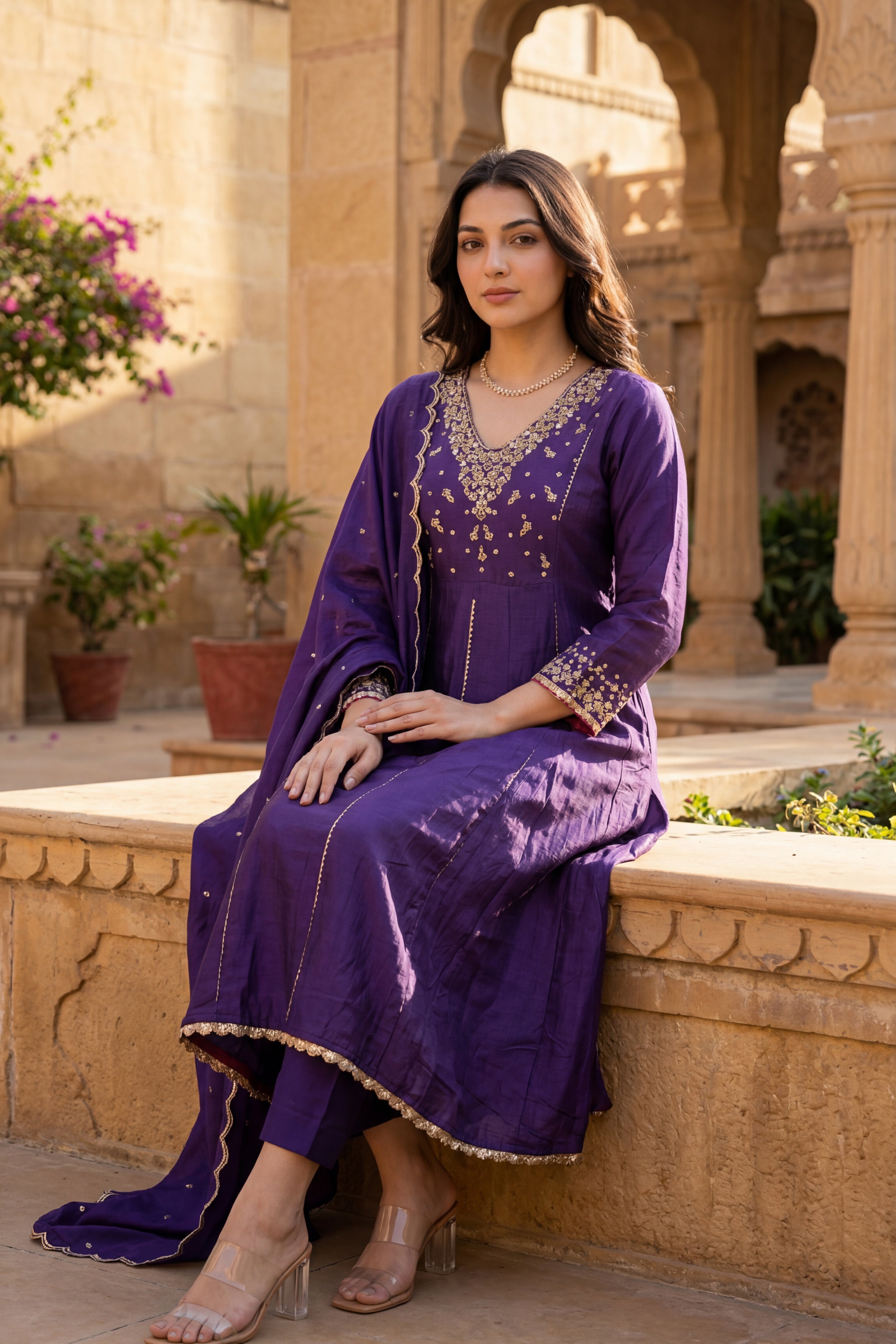 Regal Berry Mul Chanderi Suit Set