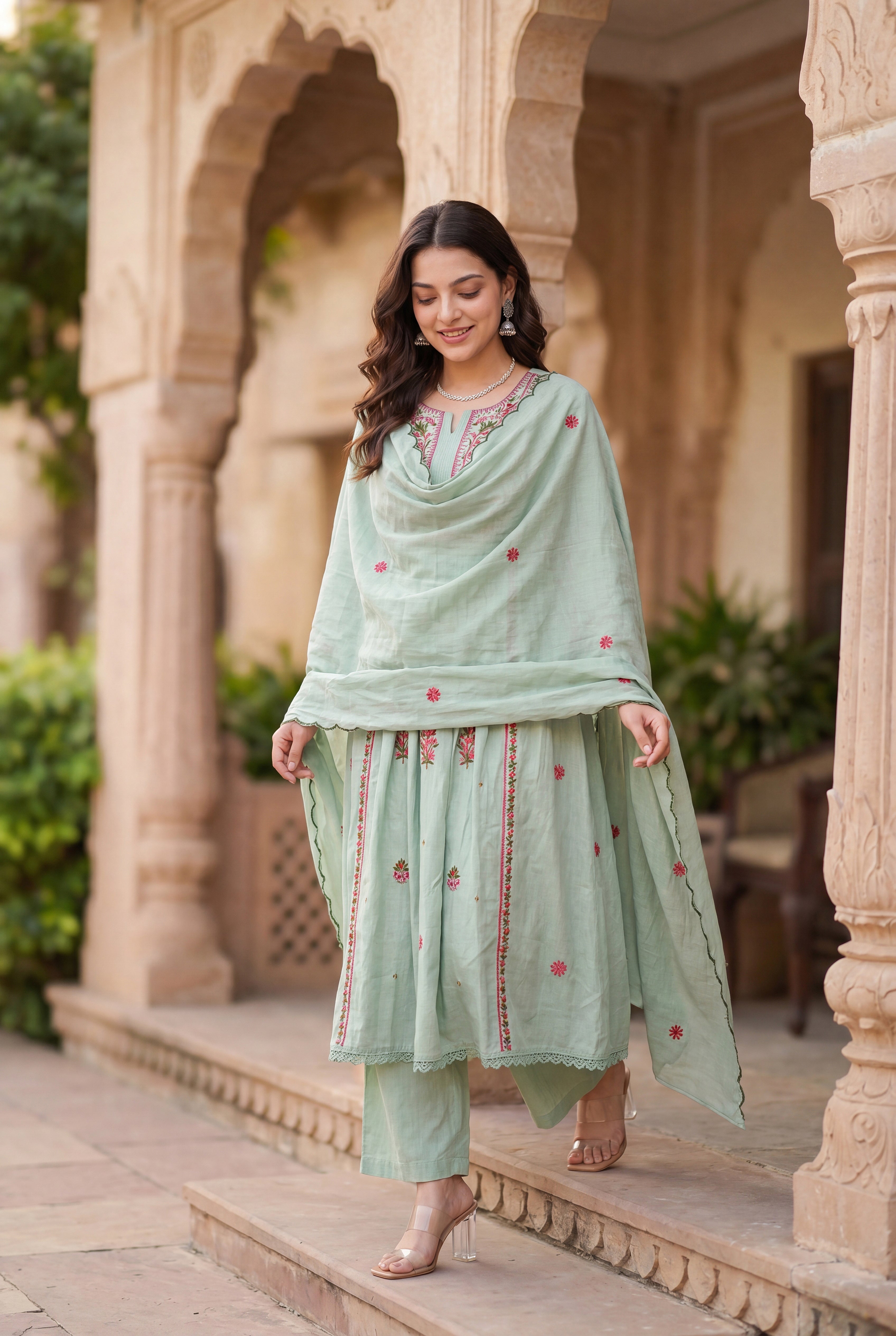 Mint Embroidered Suit Set - View 6 - Ethnic Wear by Aykaa