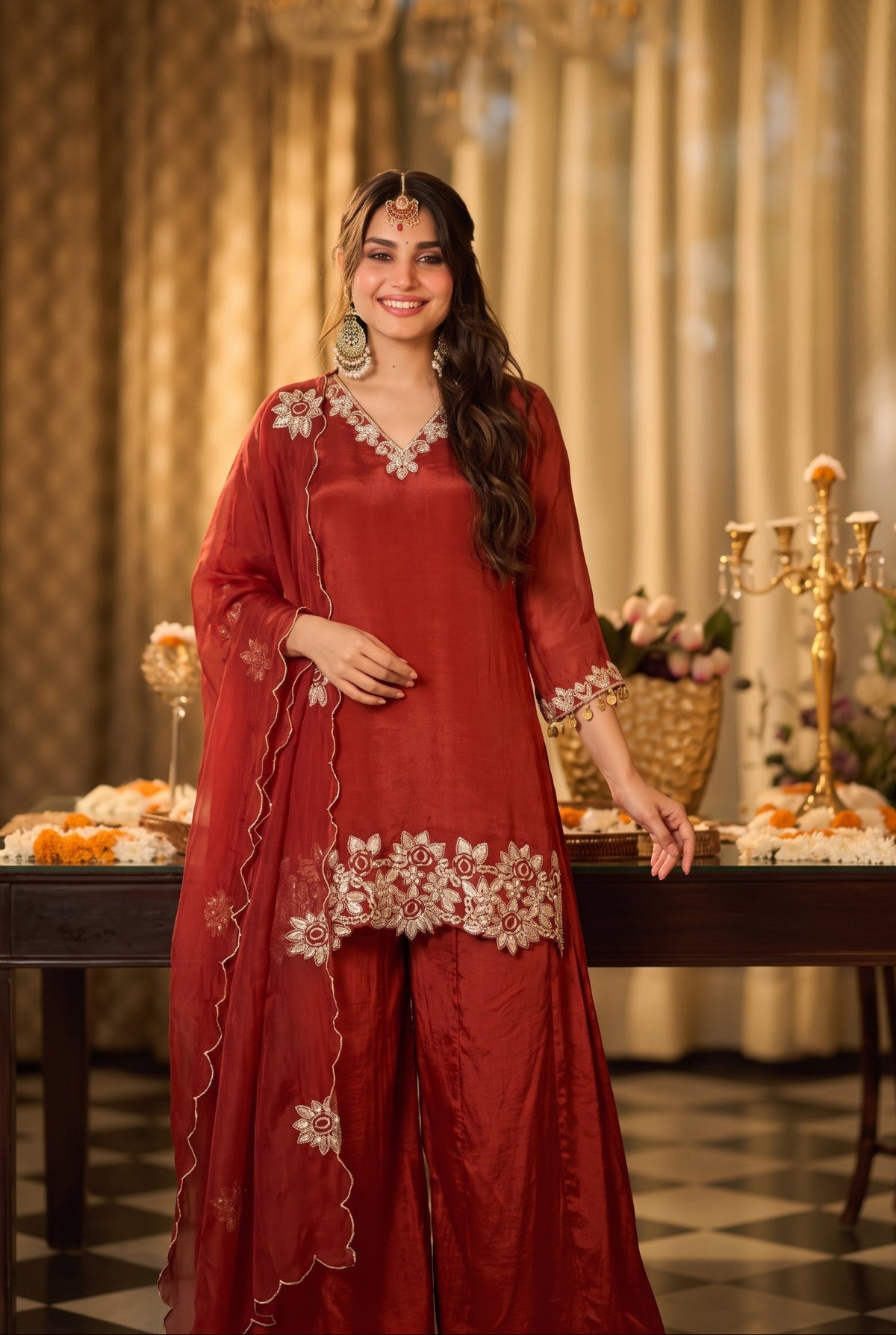Burnt Orange Embroidered Suit Set
