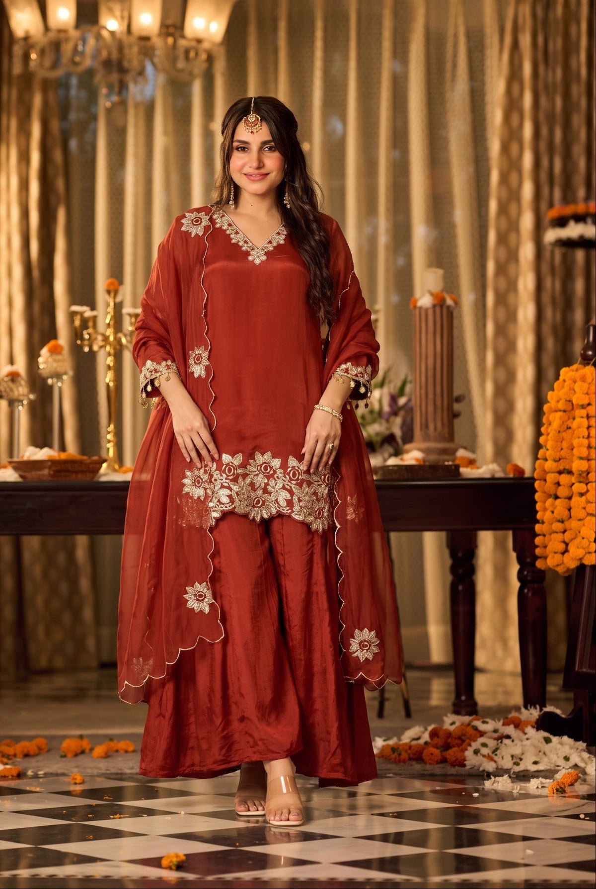 Burnt Orange Embroidered Suit Set