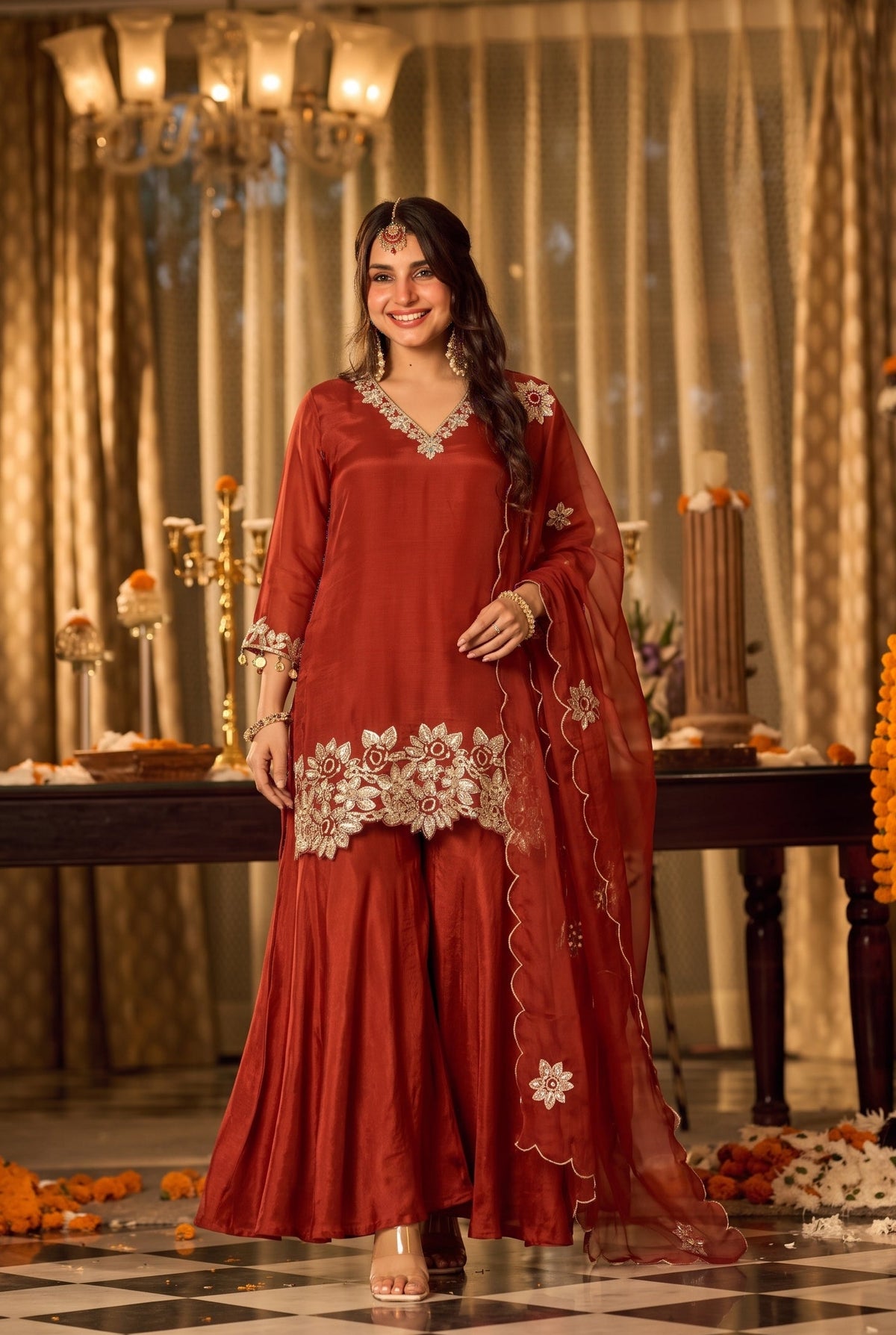 Burnt Orange Embroidered Suit Set