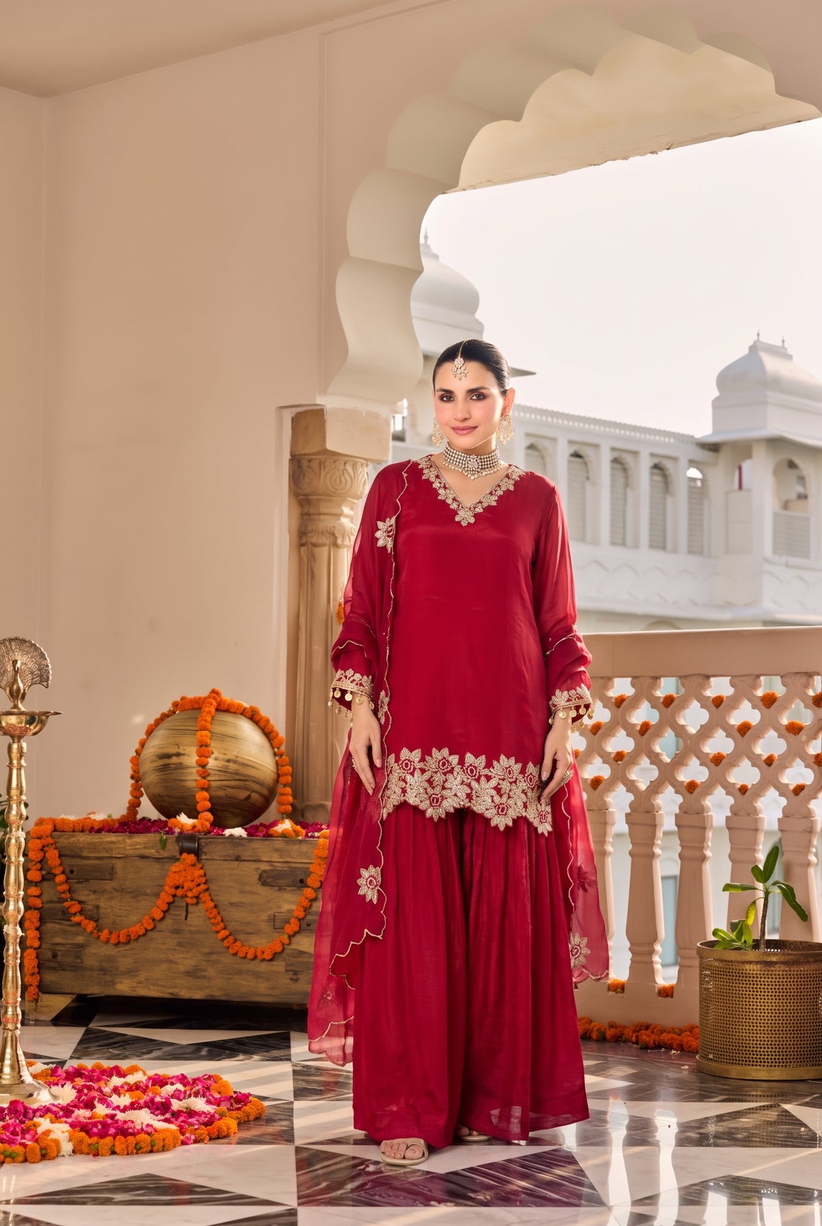 Deep Ruby Red Embroidered Suit Set