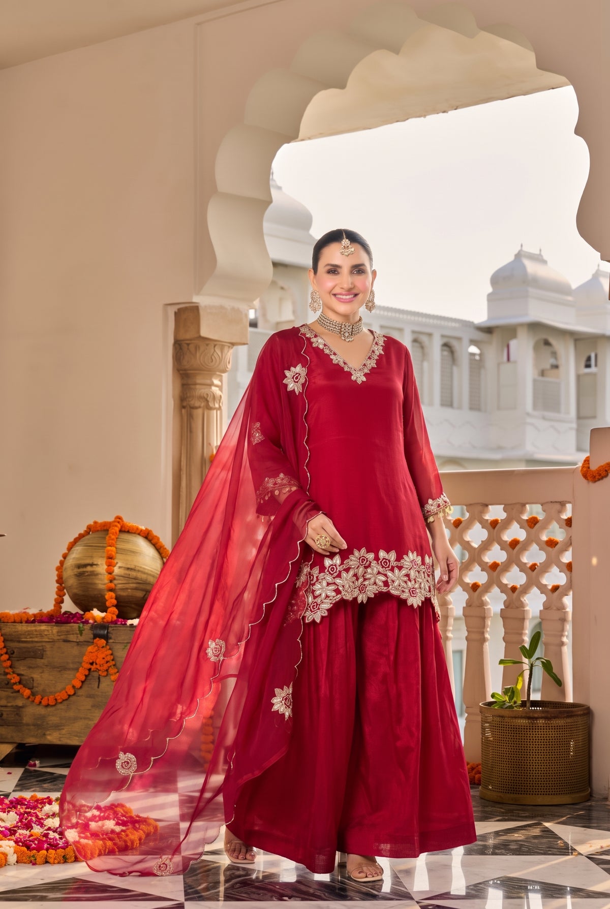 Deep Ruby Red Embroidered Suit Set