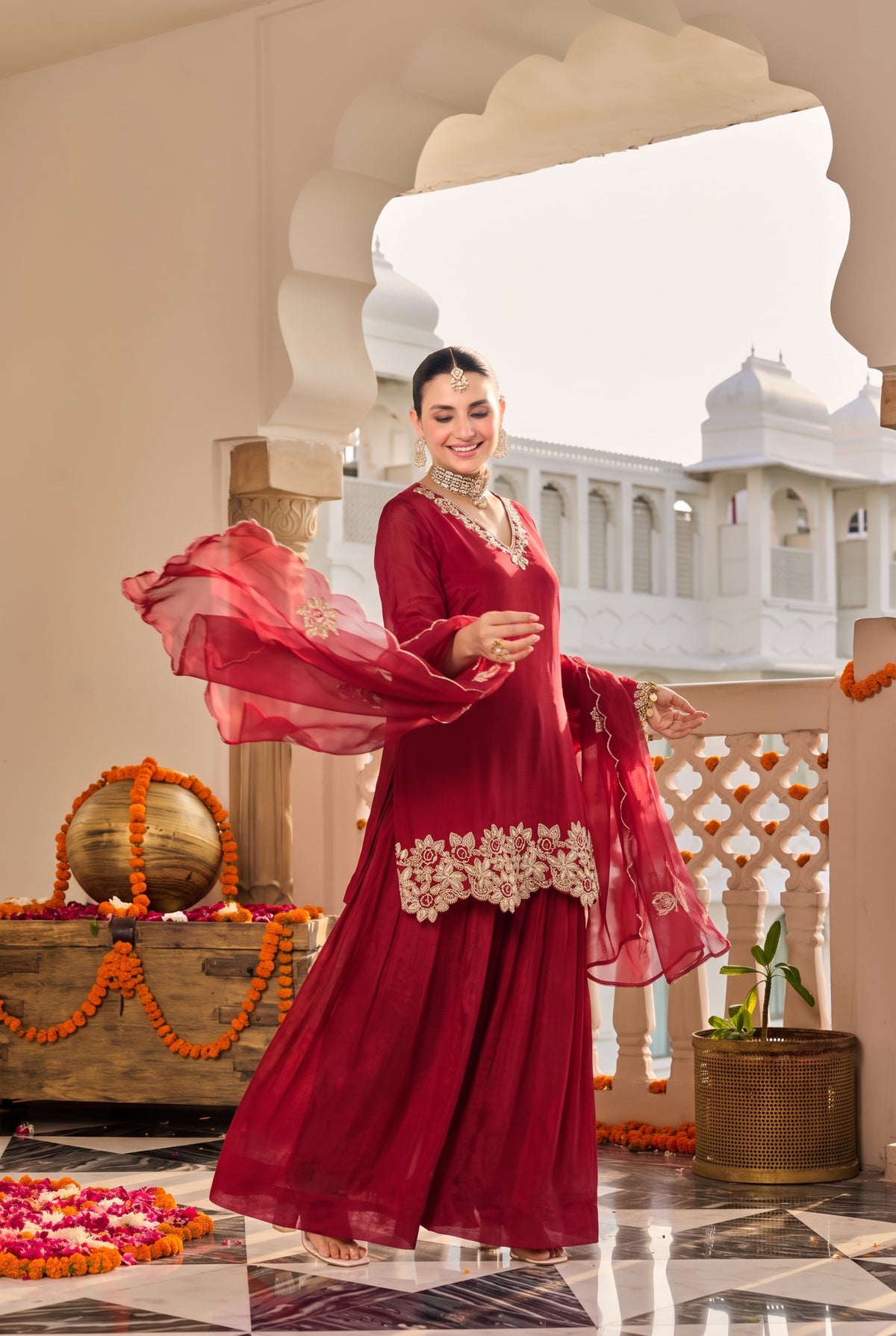 Deep Ruby Red Embroidered Suit Set