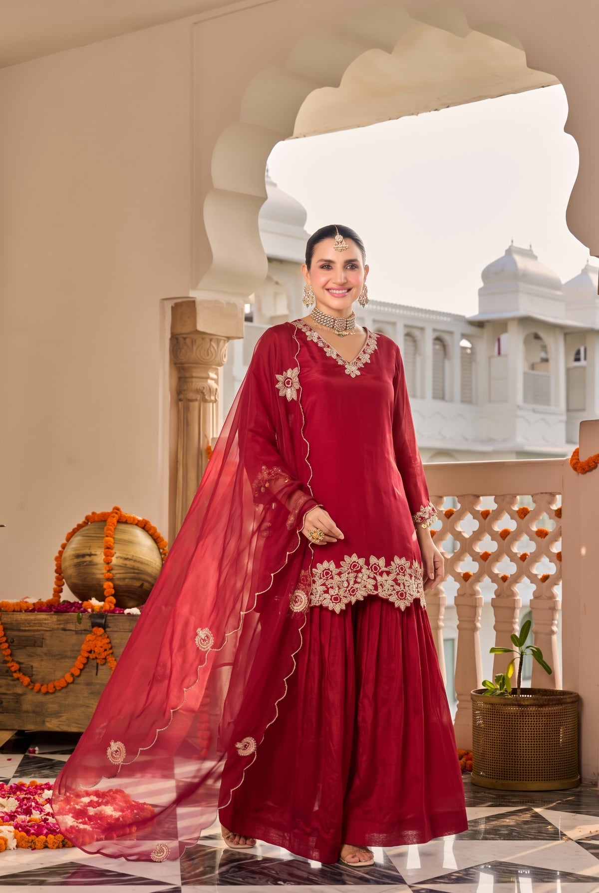 Deep Ruby Red Embroidered Suit Set