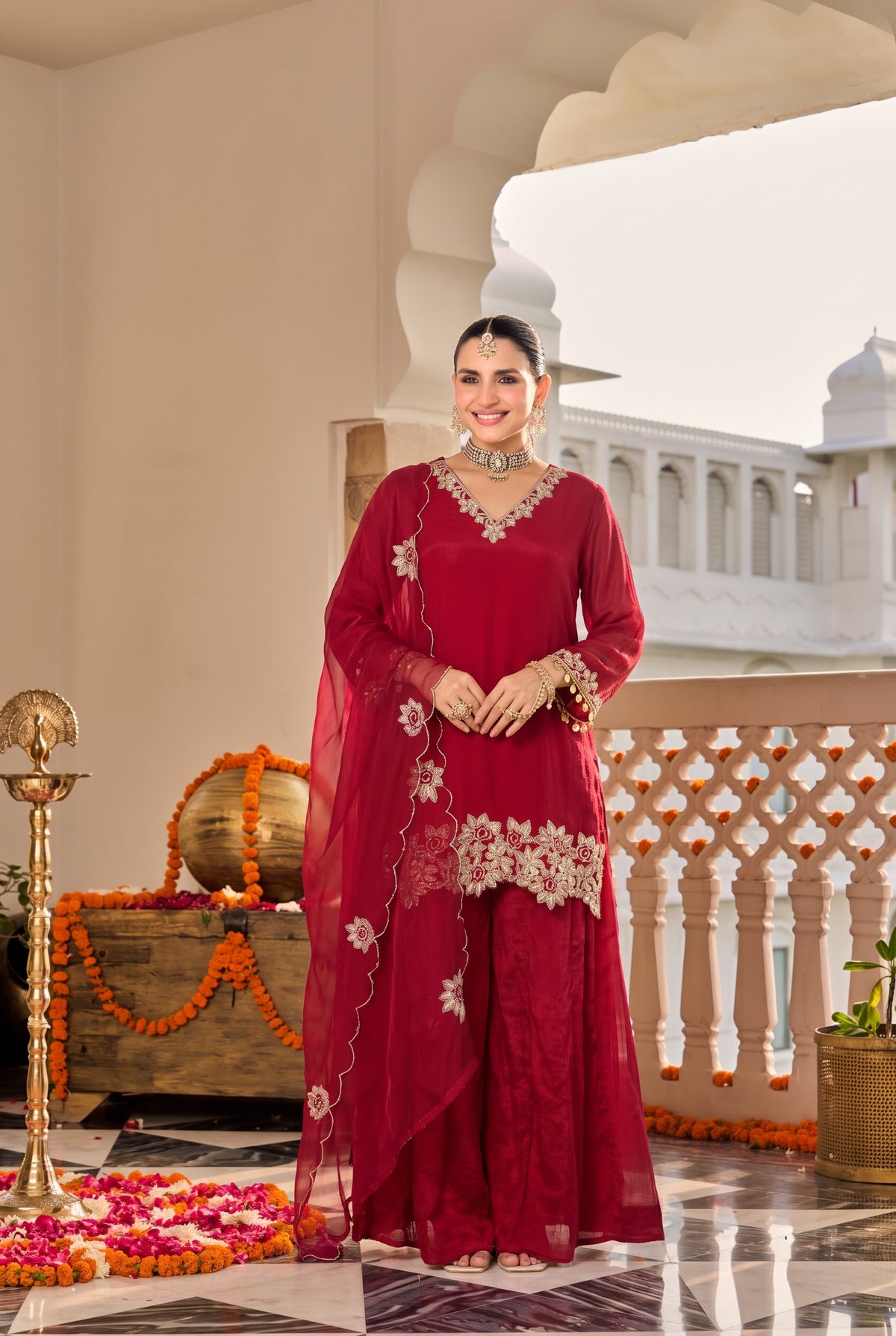 Deep Ruby Red Embroidered Suit Set