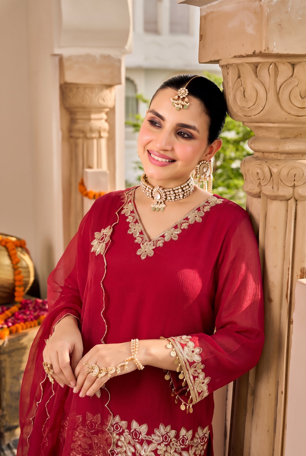 Deep Ruby Red Embroidered Suit Set