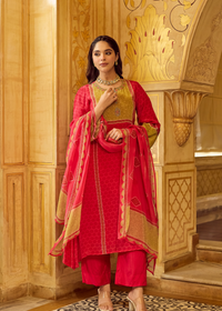 Crimson Mustard Glow Crepe Suit Set