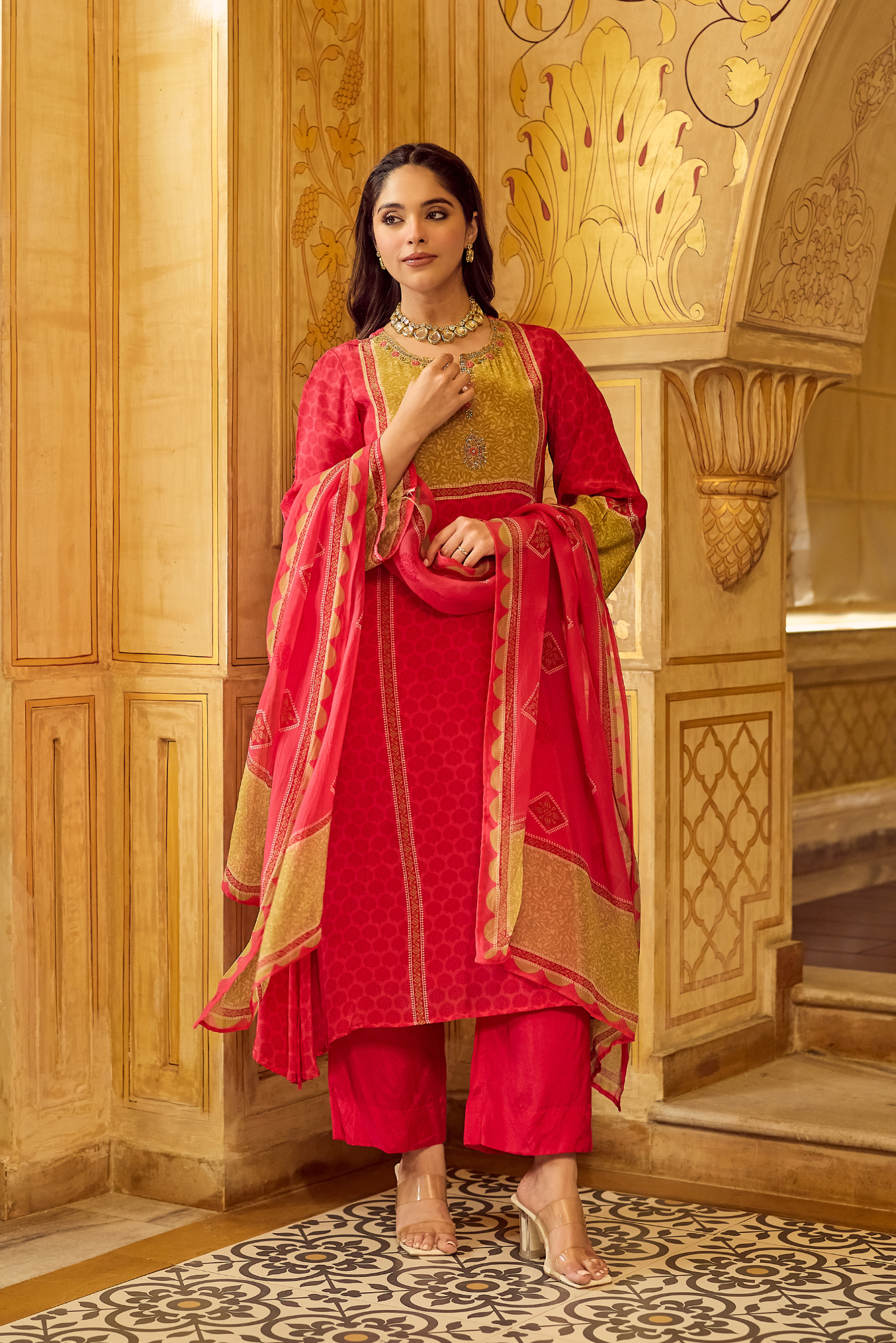 Crimson Mustard Glow Crepe Suit Set