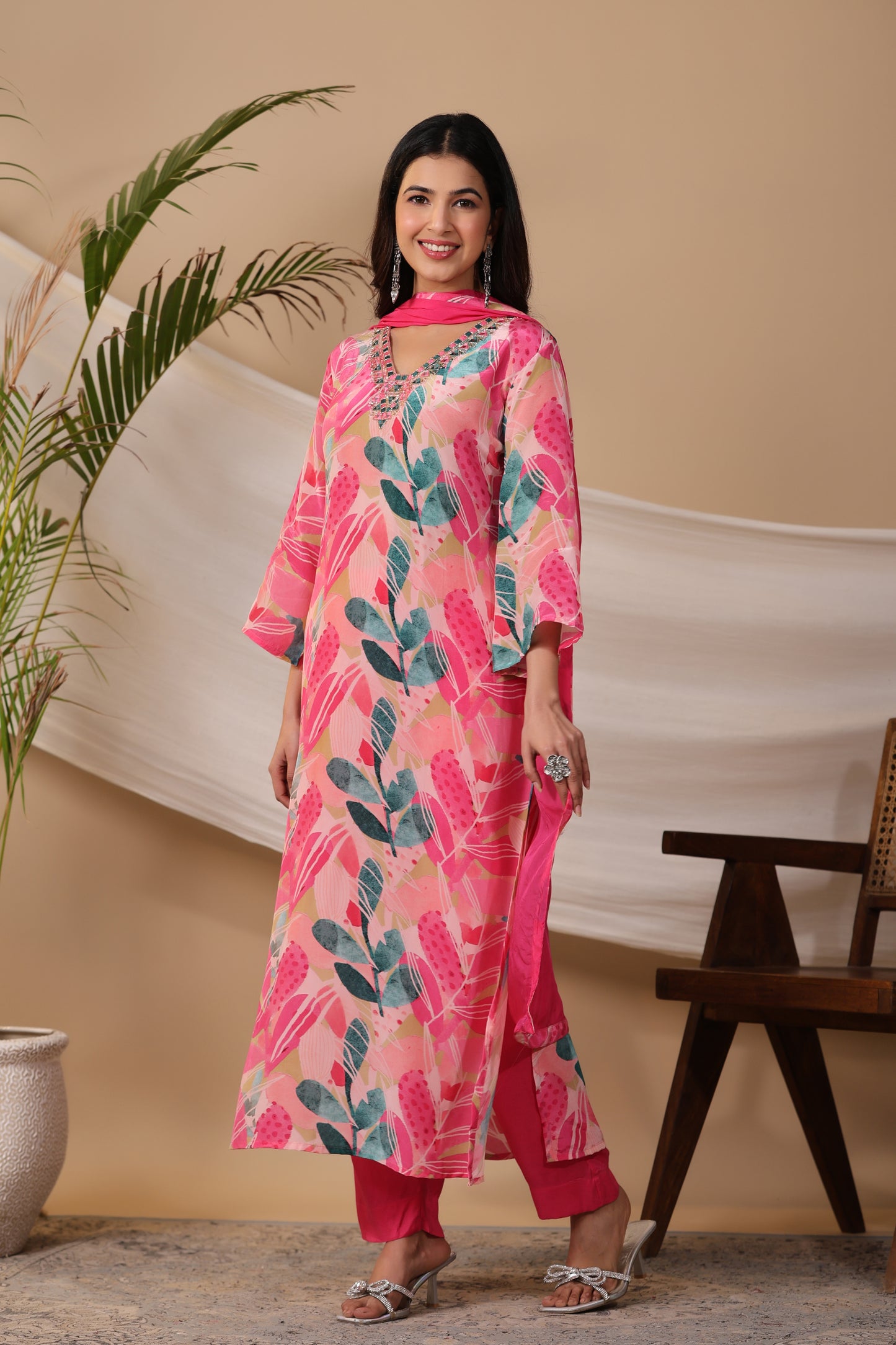 Bright Pink Crepe Kurta Set