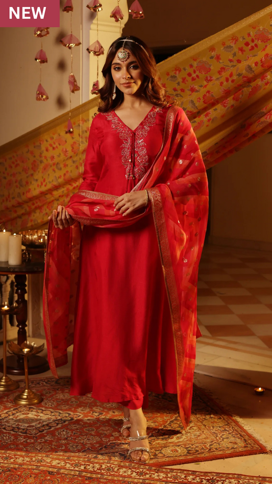 Rosy Flame Silk Suit Set