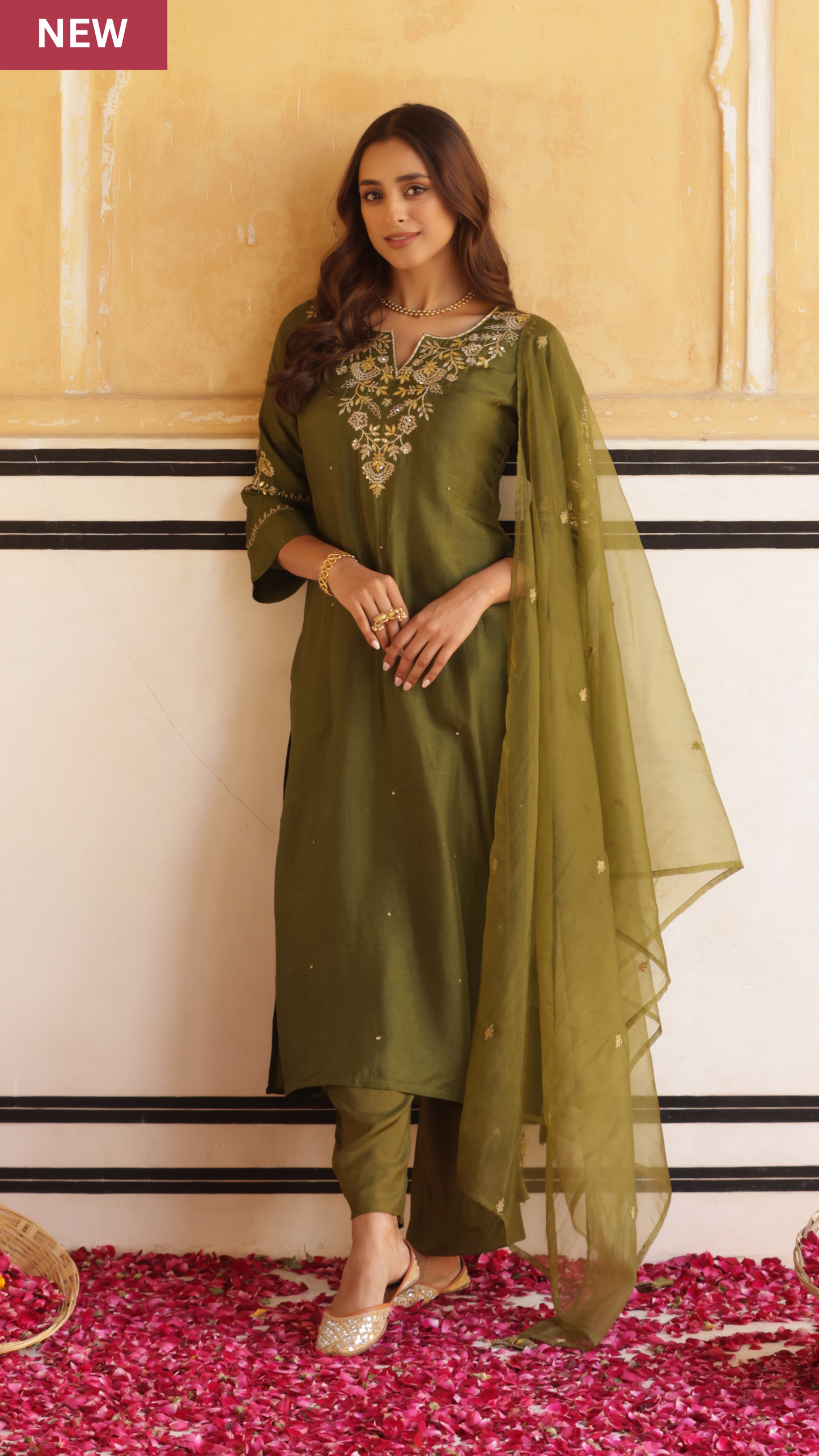 Dark Olive Green Silk Suit Set