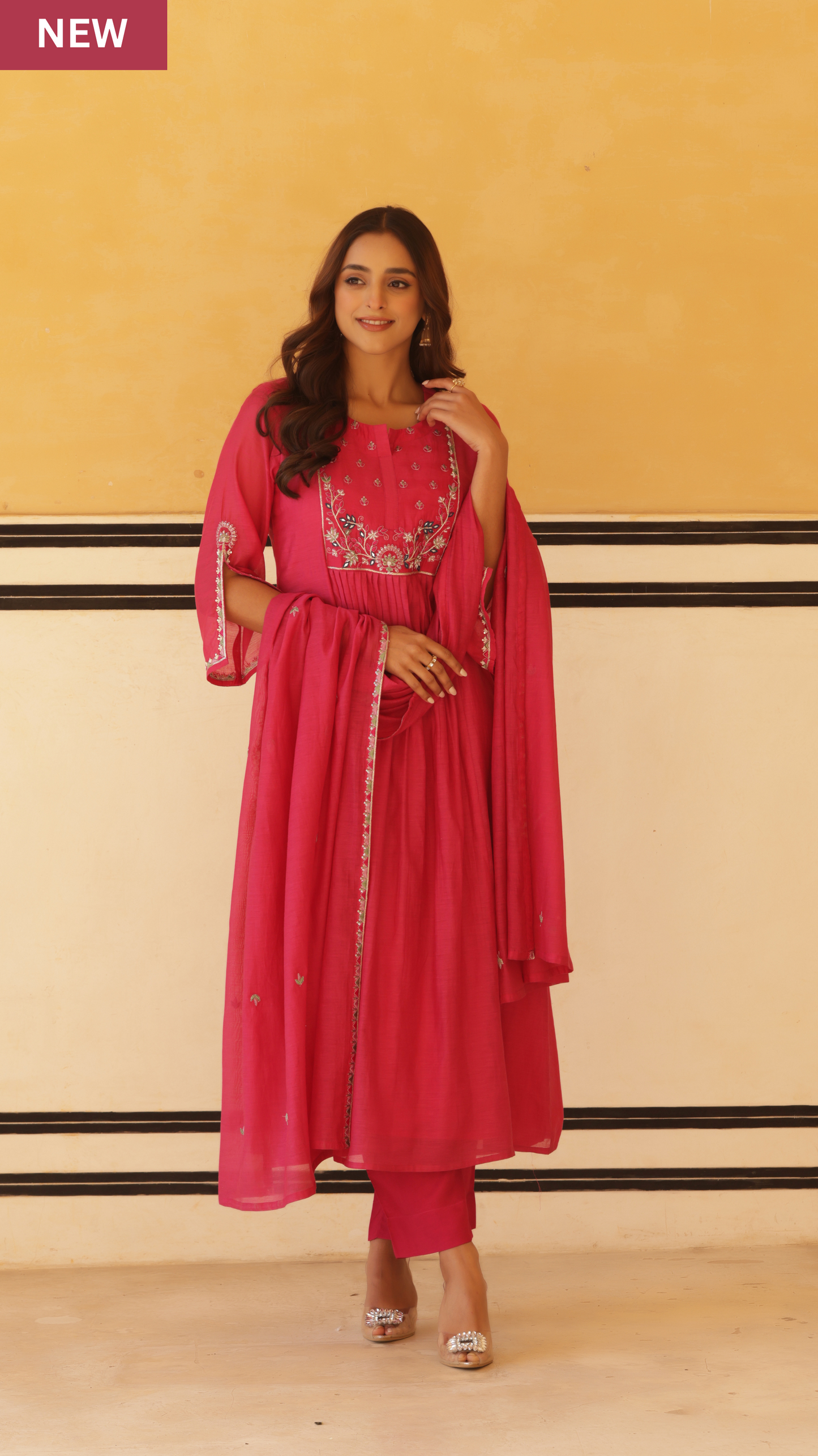 Vibrant Pink Pure Mul Chanderi Flared Kurta.