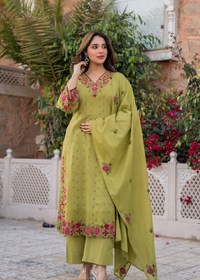 Olive Bloom Cotton Chiffli Suit Set