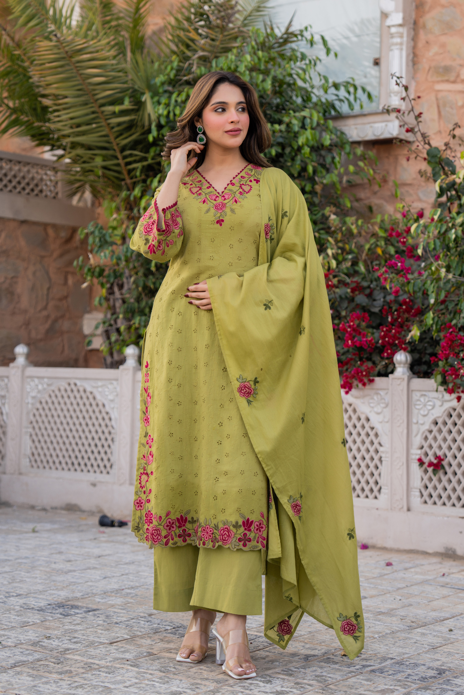Olive Bloom Cotton Chiffli Suit Set