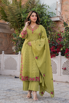 Olive Bloom Cotton Chiffli Suit Set