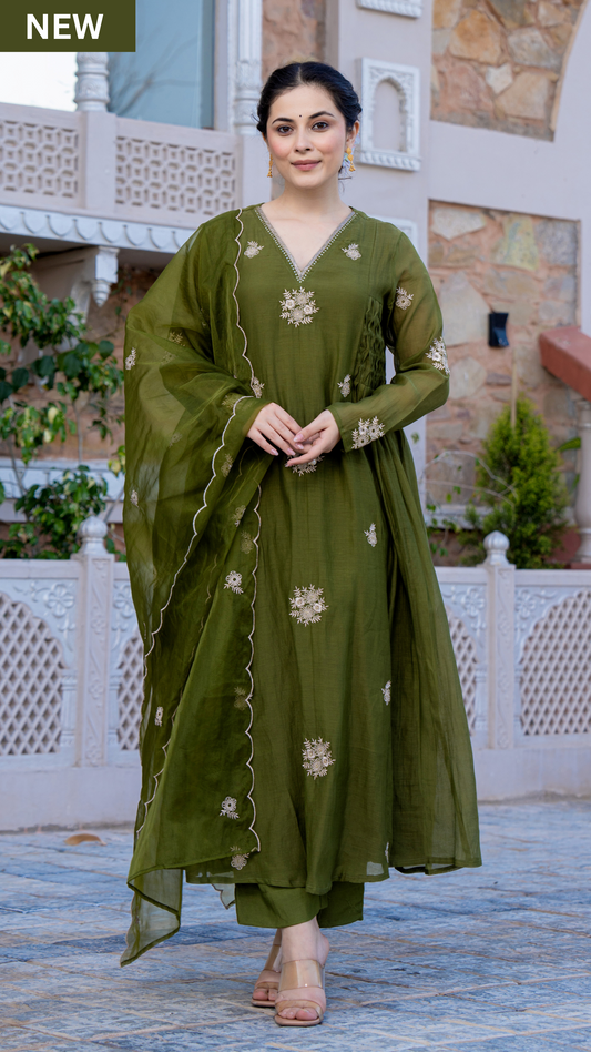 Olive Bloom Chanderi Suit Set