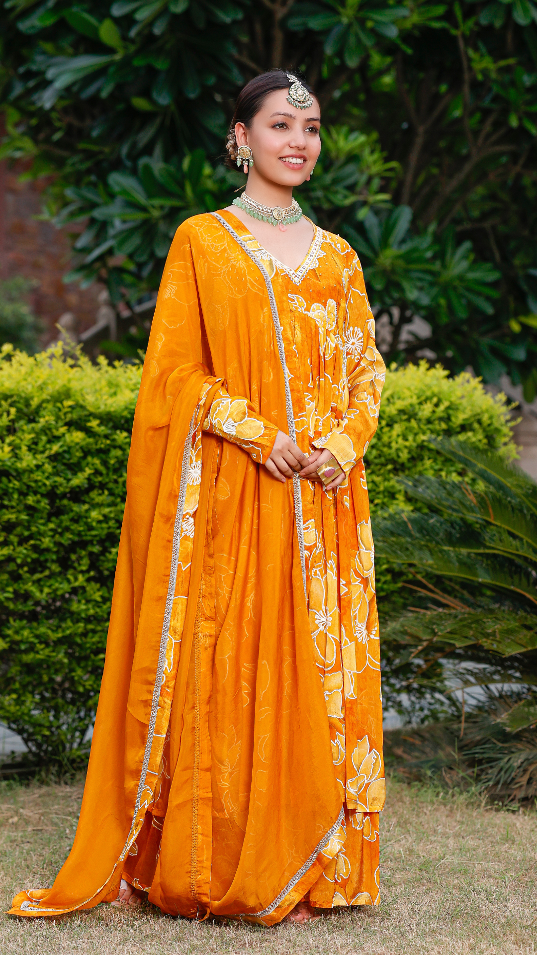 Gold Yellow printed Anarkali set