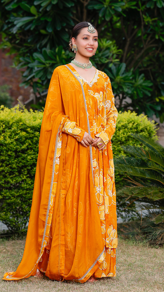 Gold Yellow printed Anarkali set