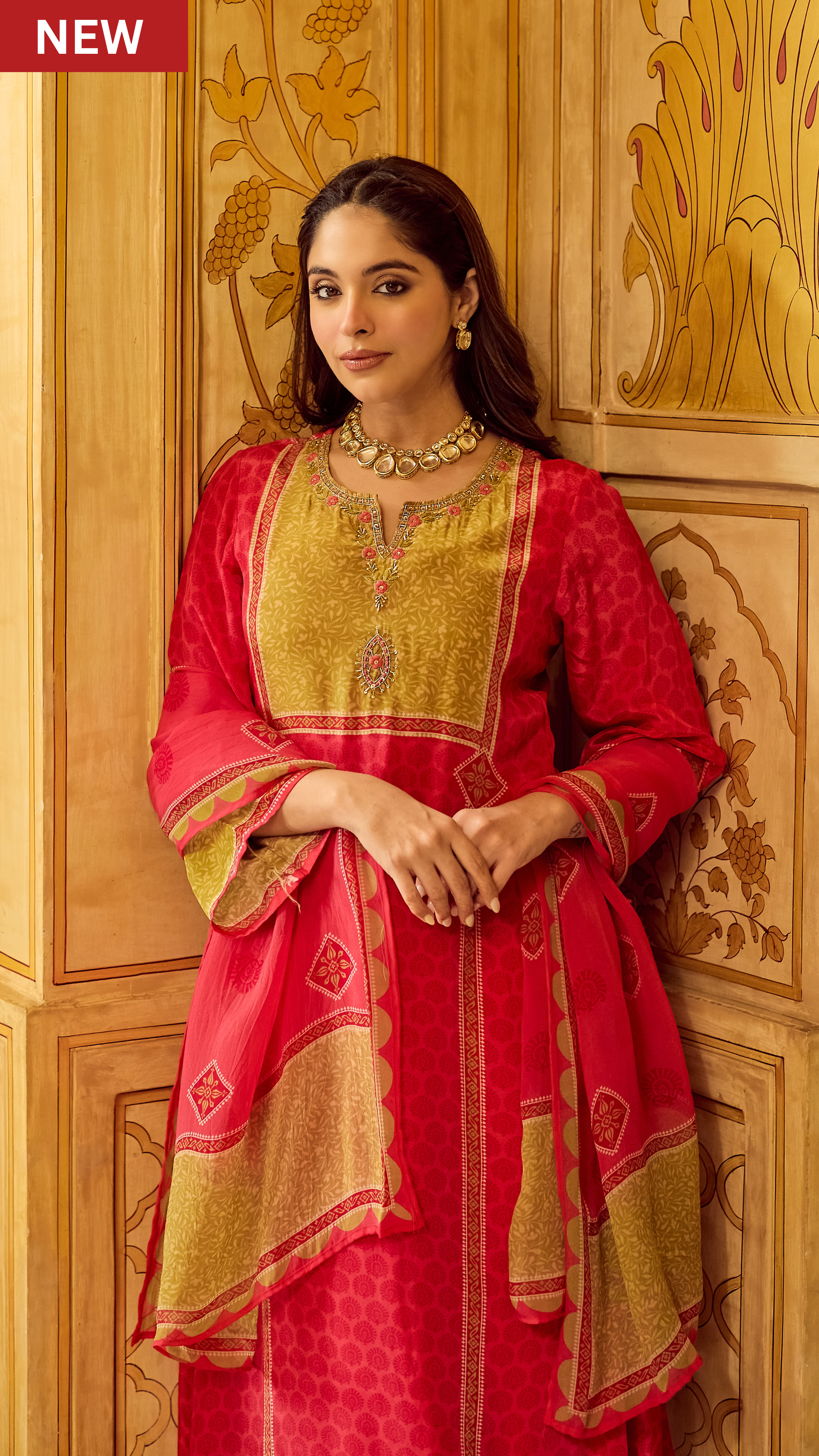 Crimson Mustard Glow Crepe Suit Set