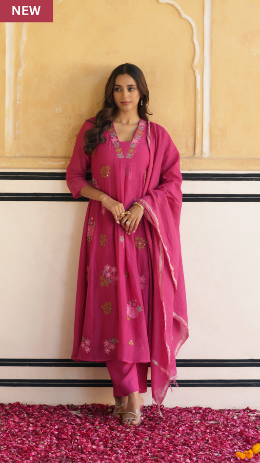 Rosewood Pink Chanderi Suit Set