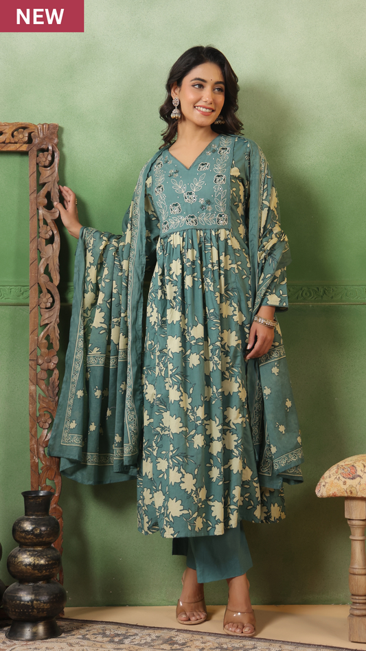 Teal Bloom Cotton Suit Set