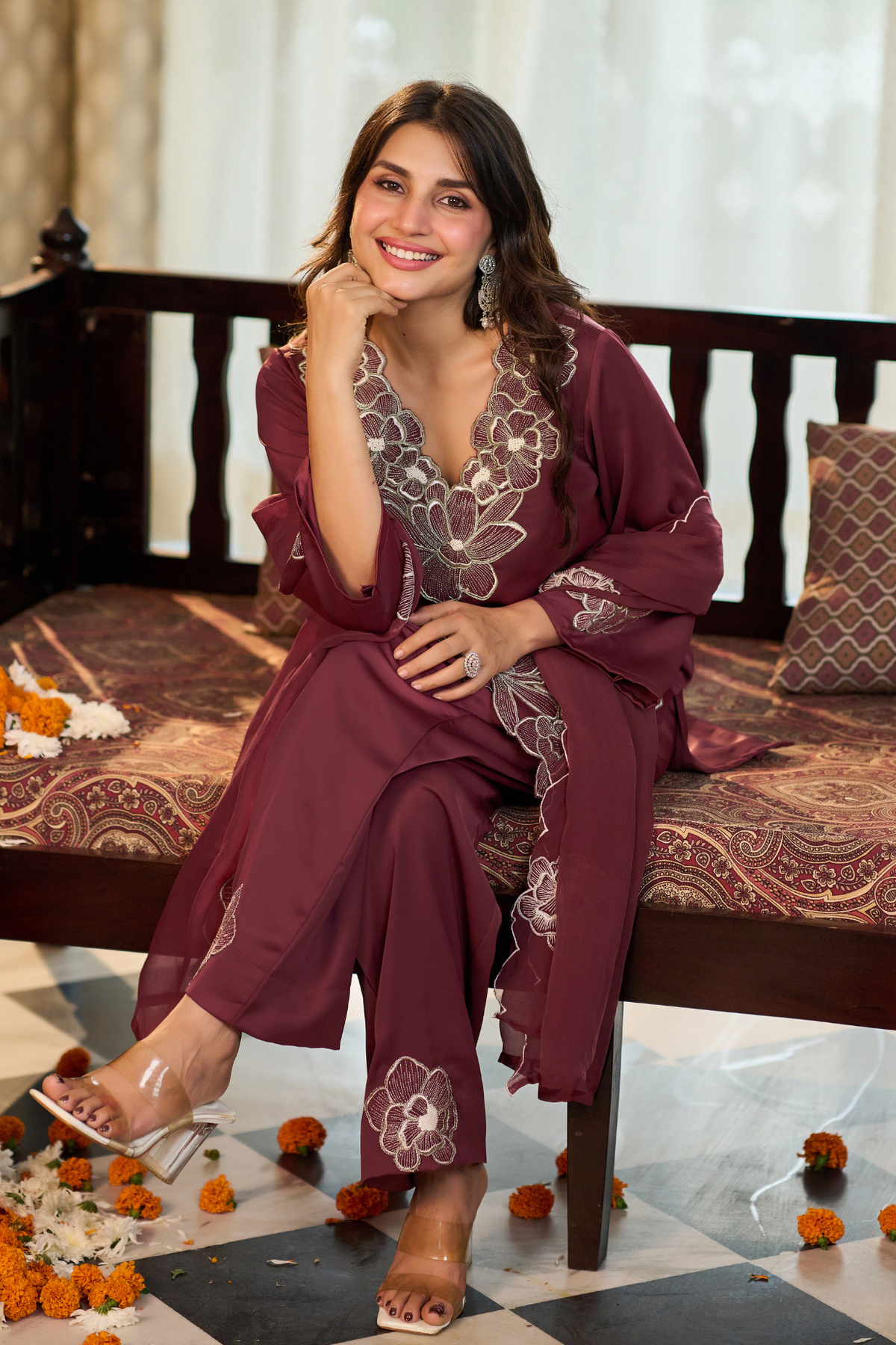 Wine Bloom Kurta Set