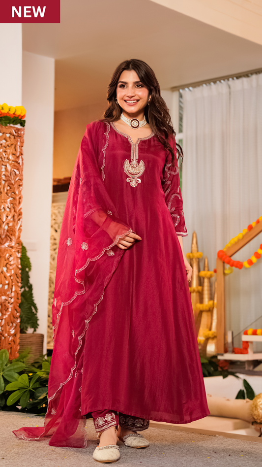 Crimson Royale Silk Suit Set