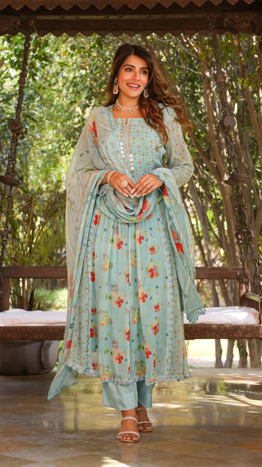 Saxe Blue Anarkali Suit Set