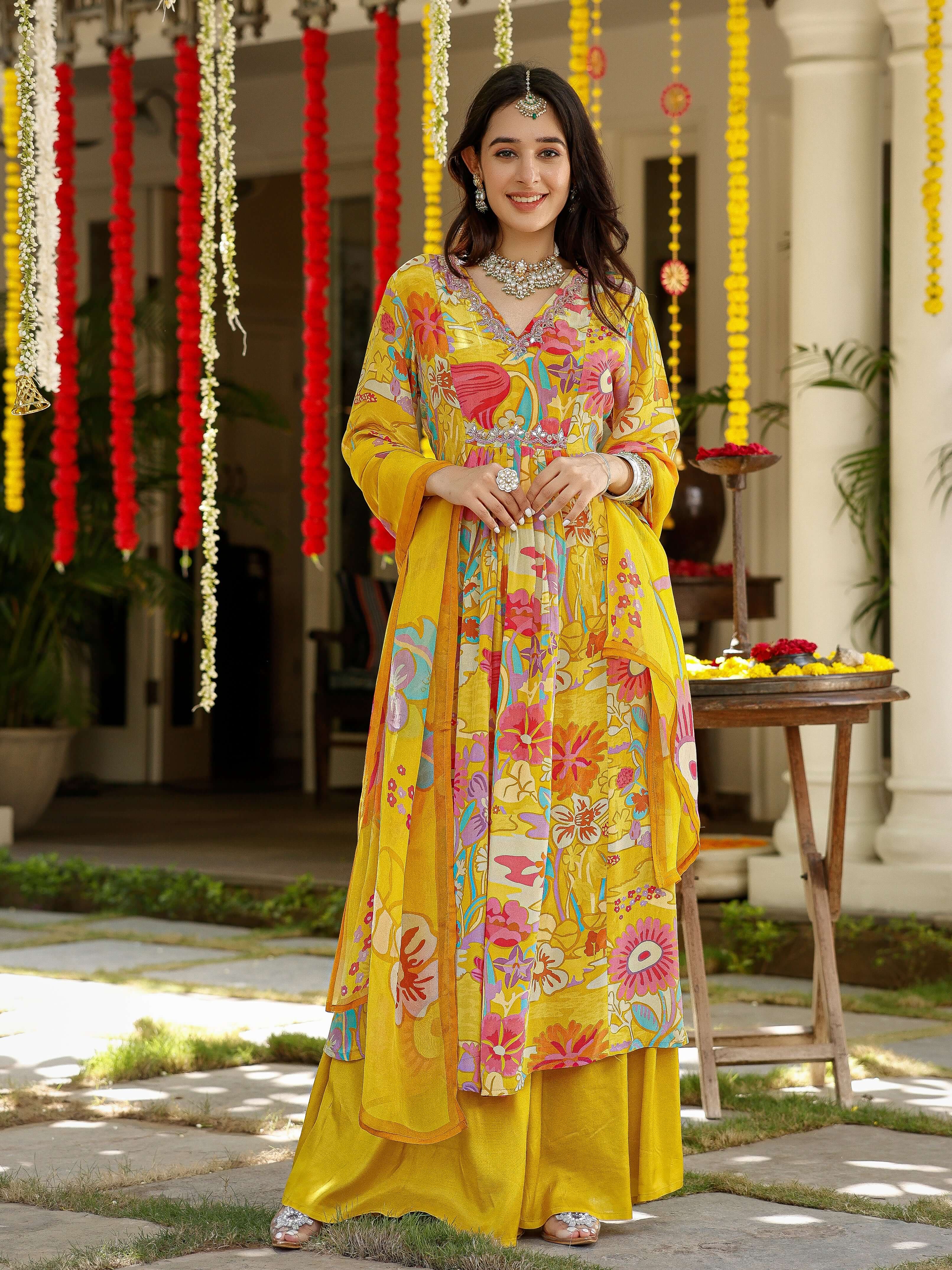 Amber yellow printed suit set