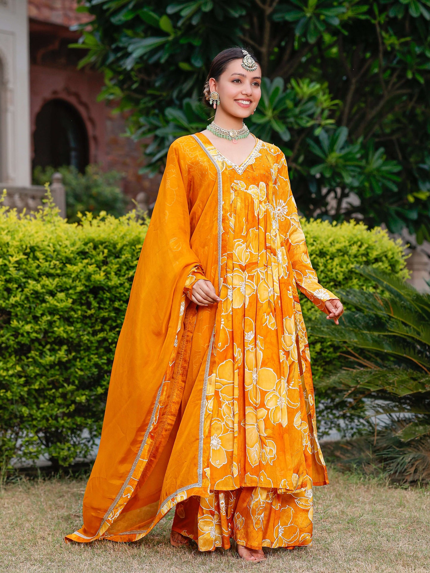 Gold Yellow printed Anarkali set